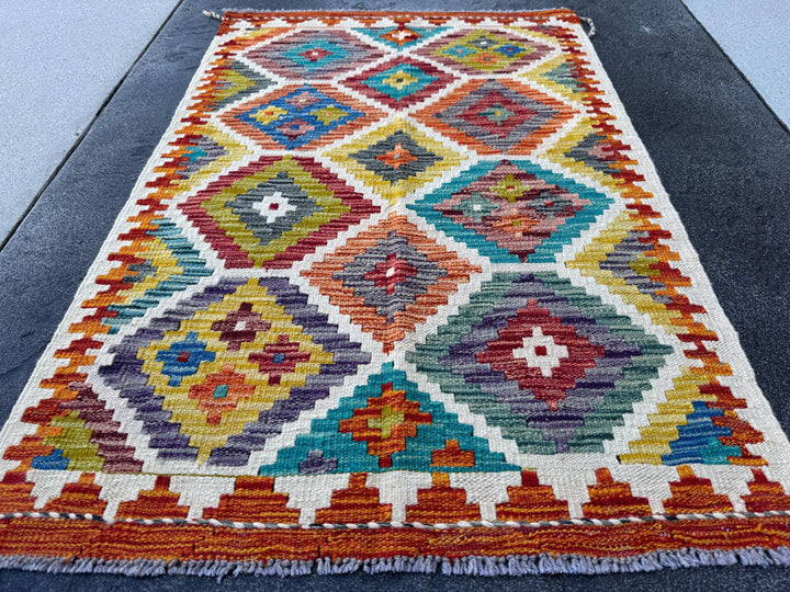 3x4 Handmade Afghan Kilim Rug | Cream White Burgundy Rust Red Olive Green Mustard Yellow Teal Aqua Blue Navy Grey Charcoal | Wool Flatwoven