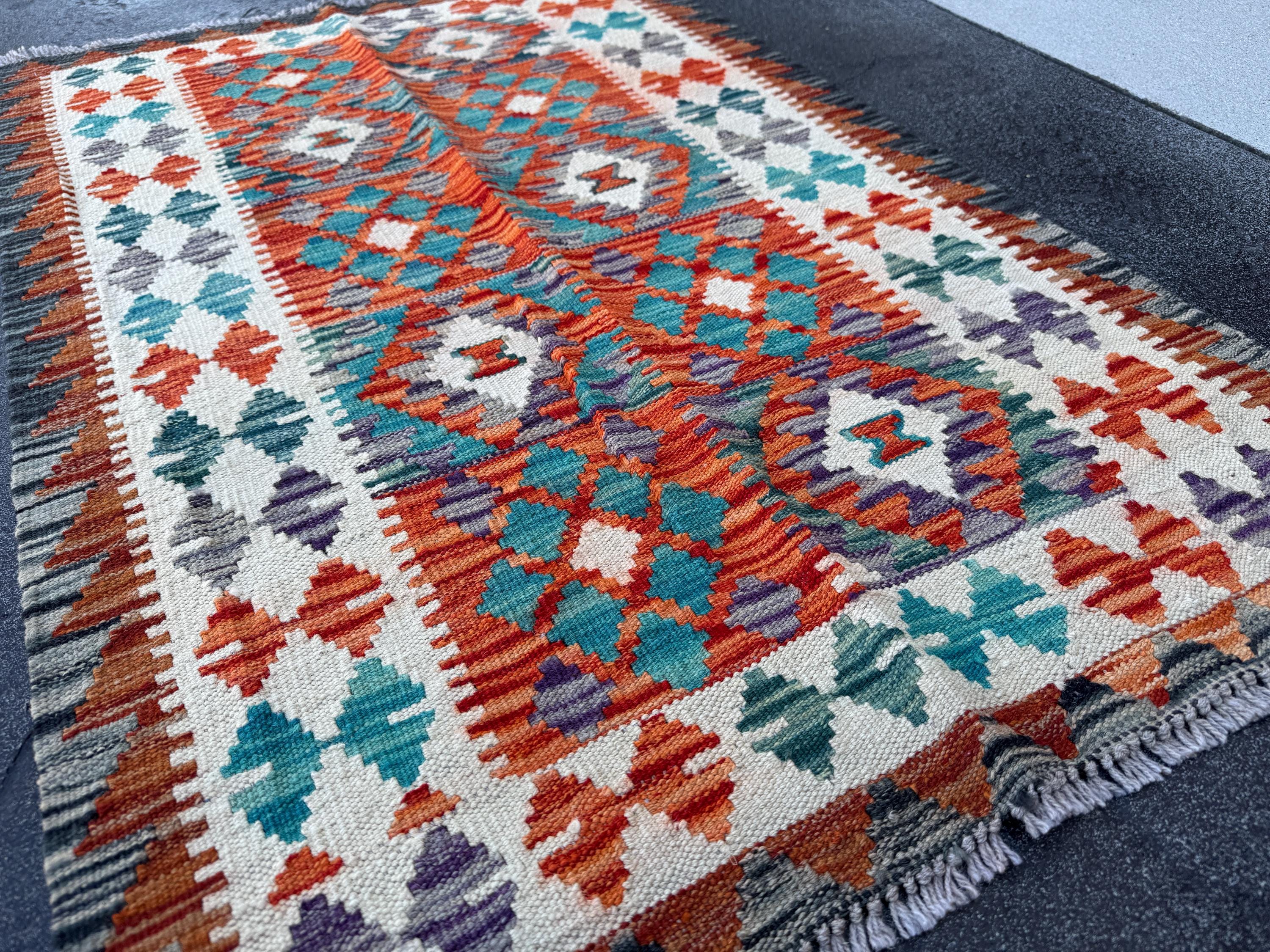 3x4 Handmade Afghan Kilim Rug | Cream White Rust Red Teal Aqua Blue Purple Grey Charcoal Grey Green | Wool Flatwoven