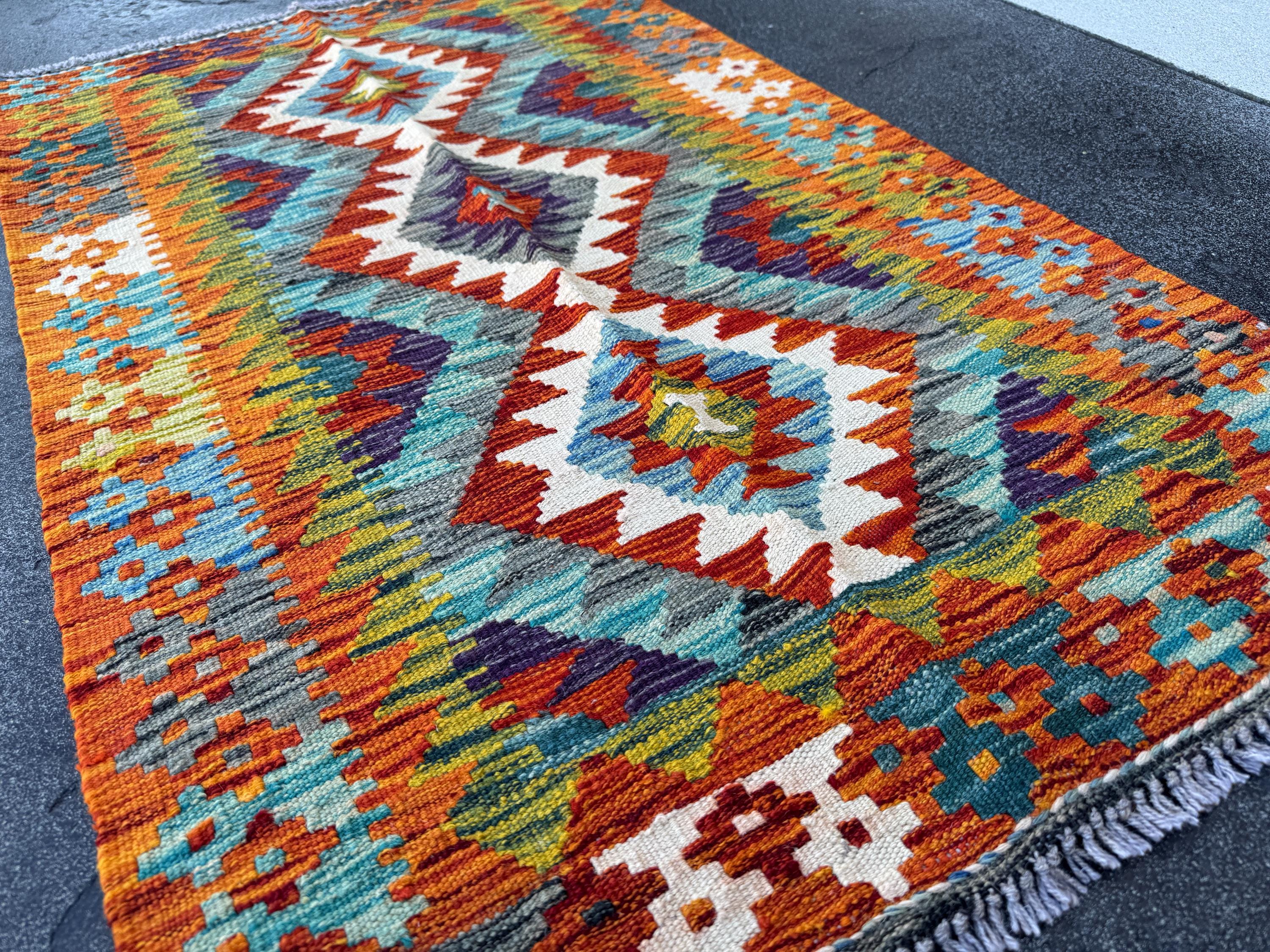 3x4 Handmade Afghan Kilim Rug | Rust Red Burnt Orange Cream White Mustard Yellow Olive Green Teal Aqua Blue Navy Purple Grey | Wool