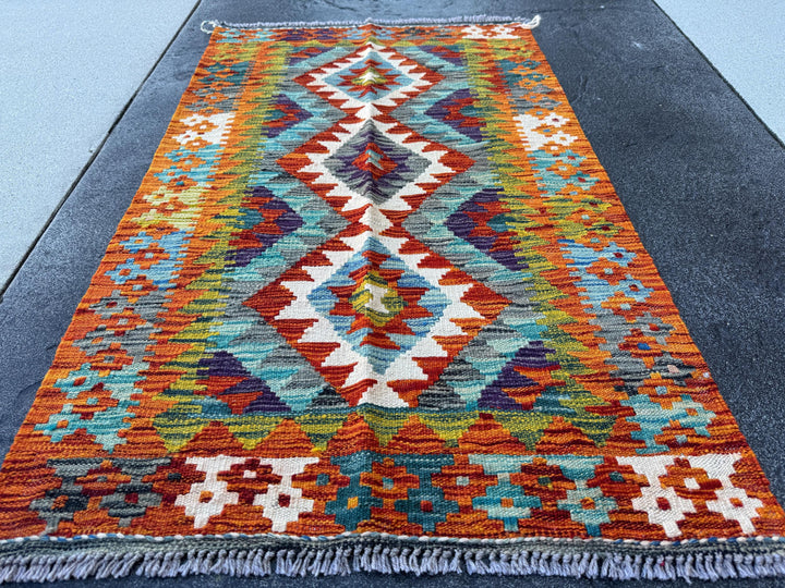 3x4 Handmade Afghan Kilim Rug | Rust Red Burnt Orange Cream White Mustard Yellow Olive Green Teal Aqua Blue Navy Purple Grey | Wool