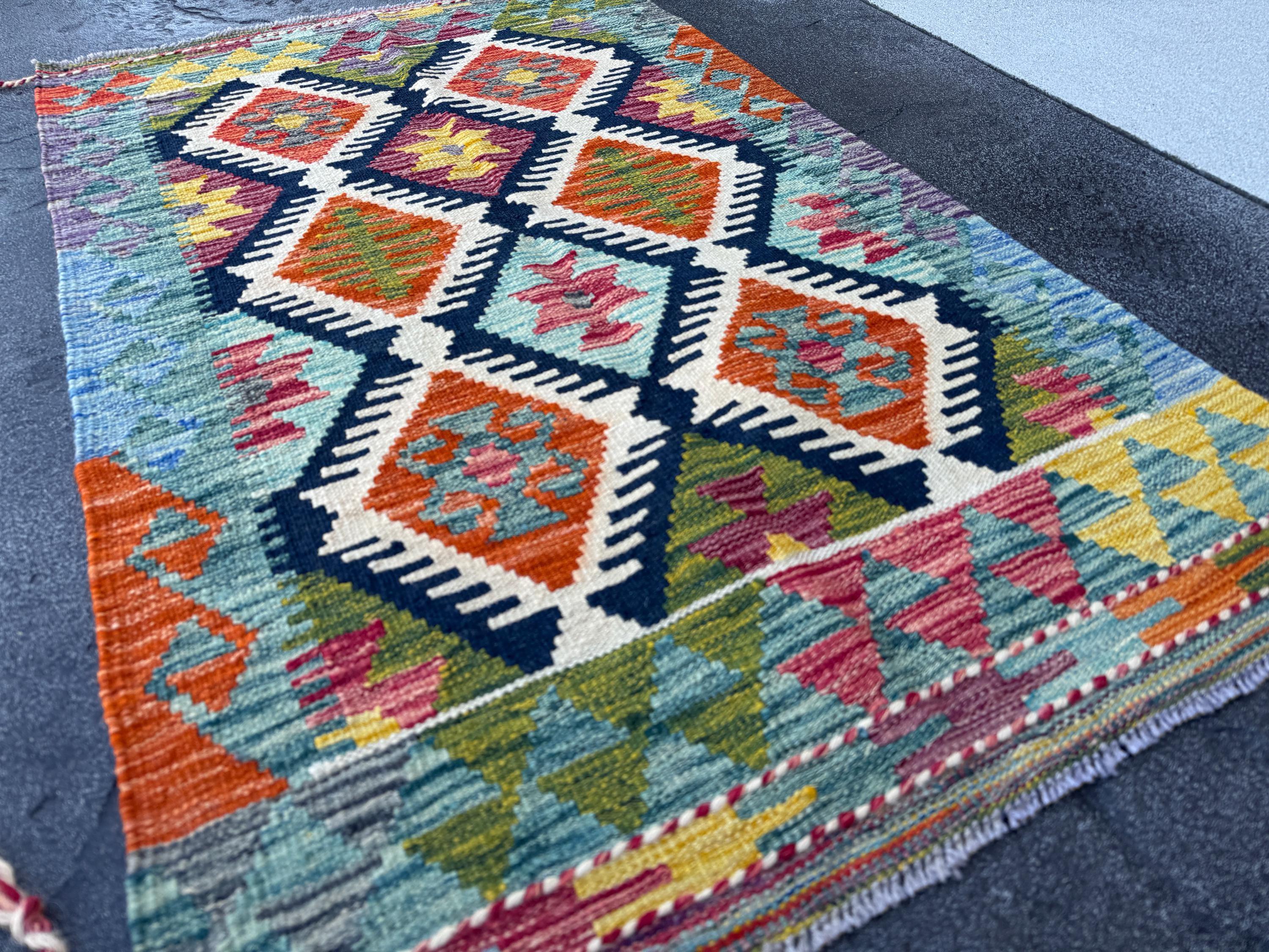 3x4 Handmade Afghan Kilim Rug | Teal Aqua Blue Rust Orange Mustard Yellow Burgundy Pink Olive Green Navy Cream White Charcoal | Flatwoven