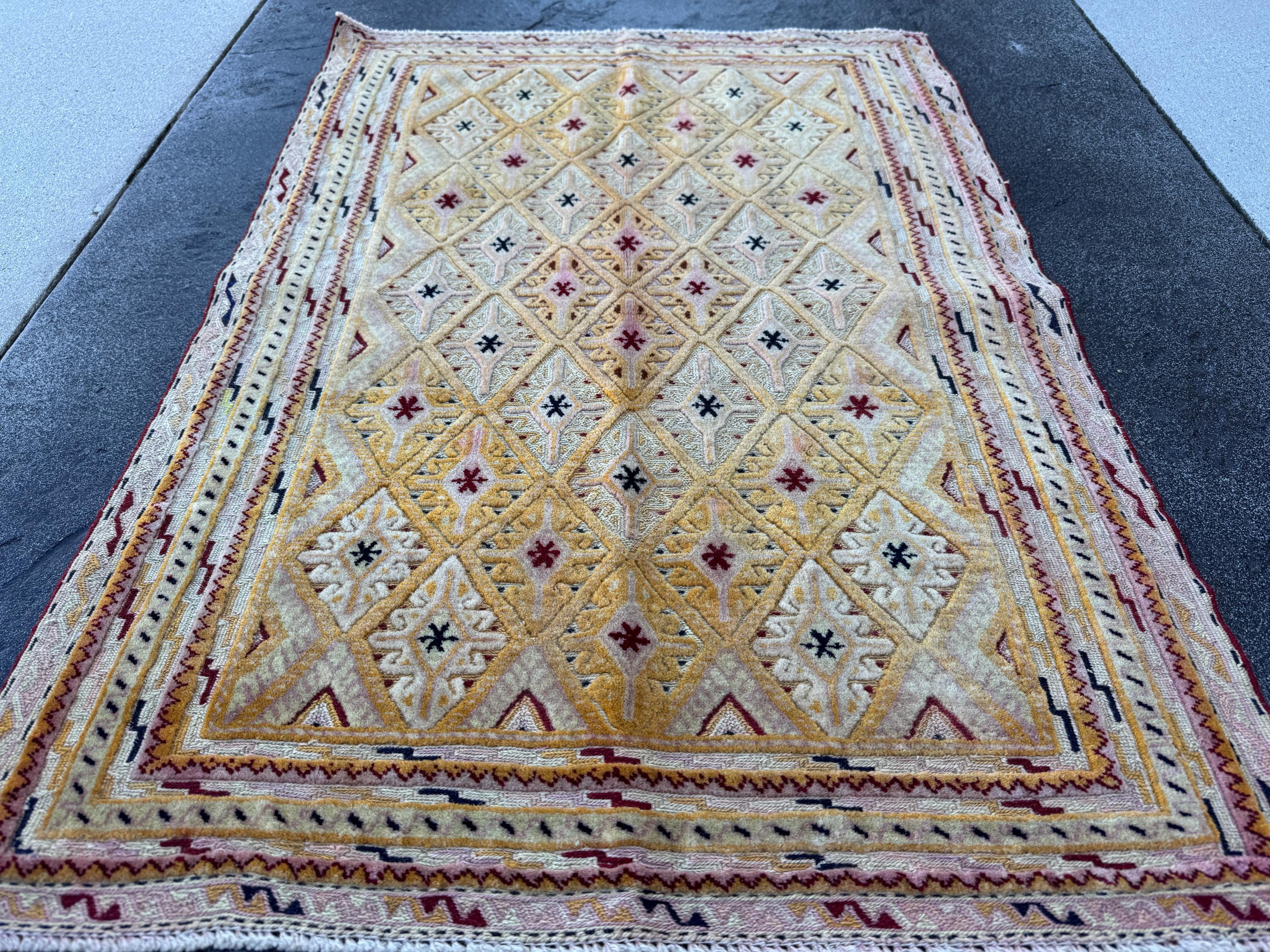 3x4 Handmade Afghan Kilim Rug | Mustard Yellow Cream White Burgundy Red Black Charcoal Blush Pink Pale Lavender | Wool Flatwoven