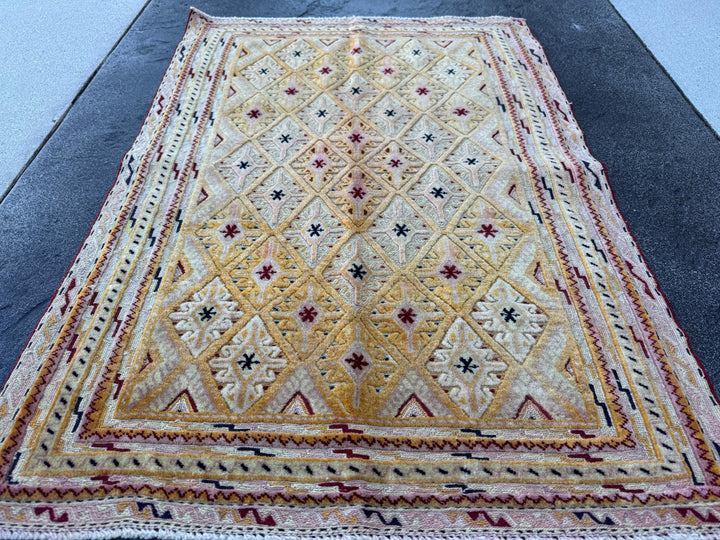 3x4 Handmade Afghan Kilim Rug | Mustard Yellow Cream White Burgundy Red Black Charcoal Blush Pink Pale Lavender | Wool Flatwoven