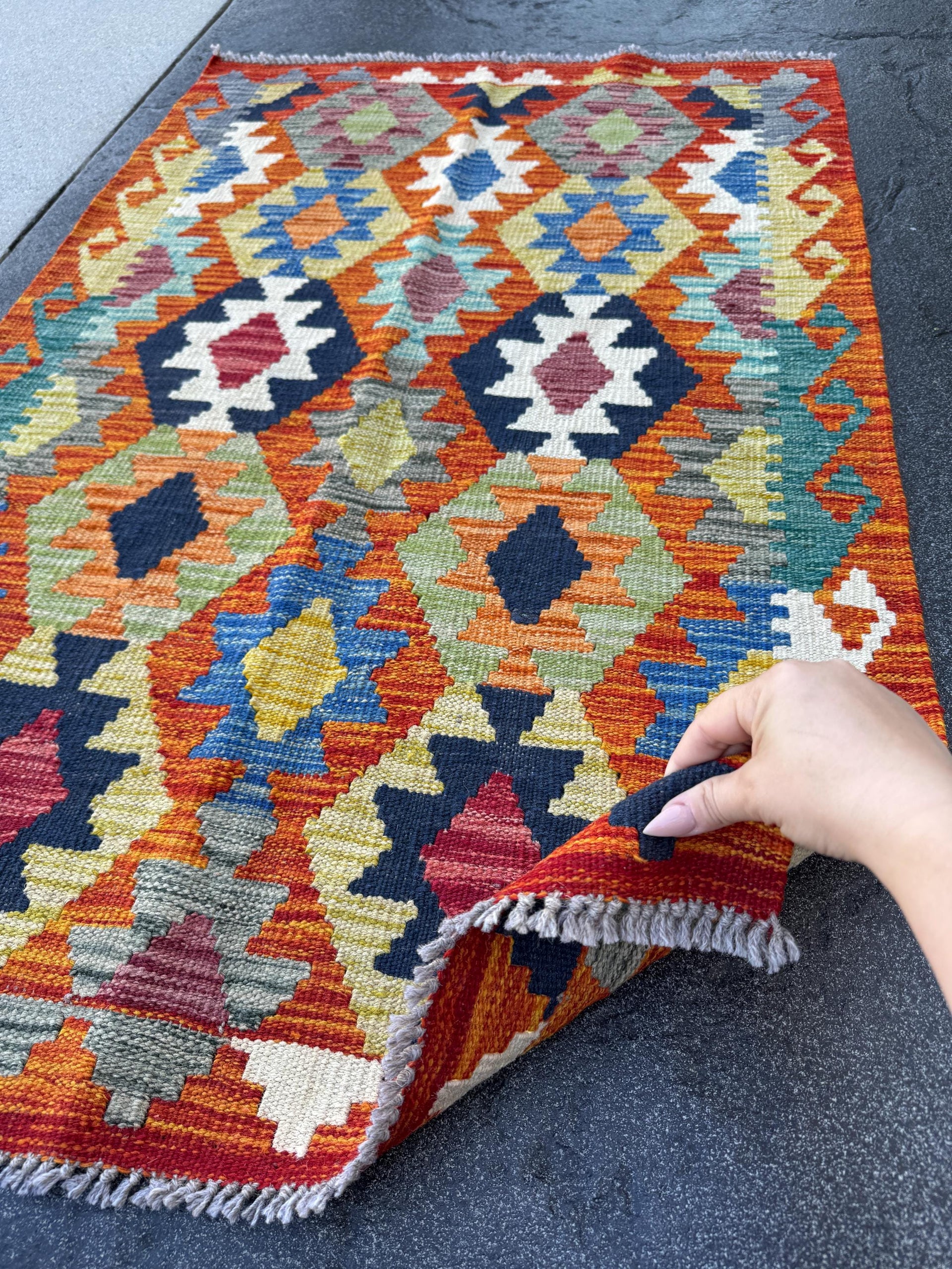 3x4 Handmade Afghan Kilim Rug | Rust Red Navy Cream White Mustard Yellow Olive Green Teal Aqua Blue Grey Charcoal Burgundy | Wool Flatwoven