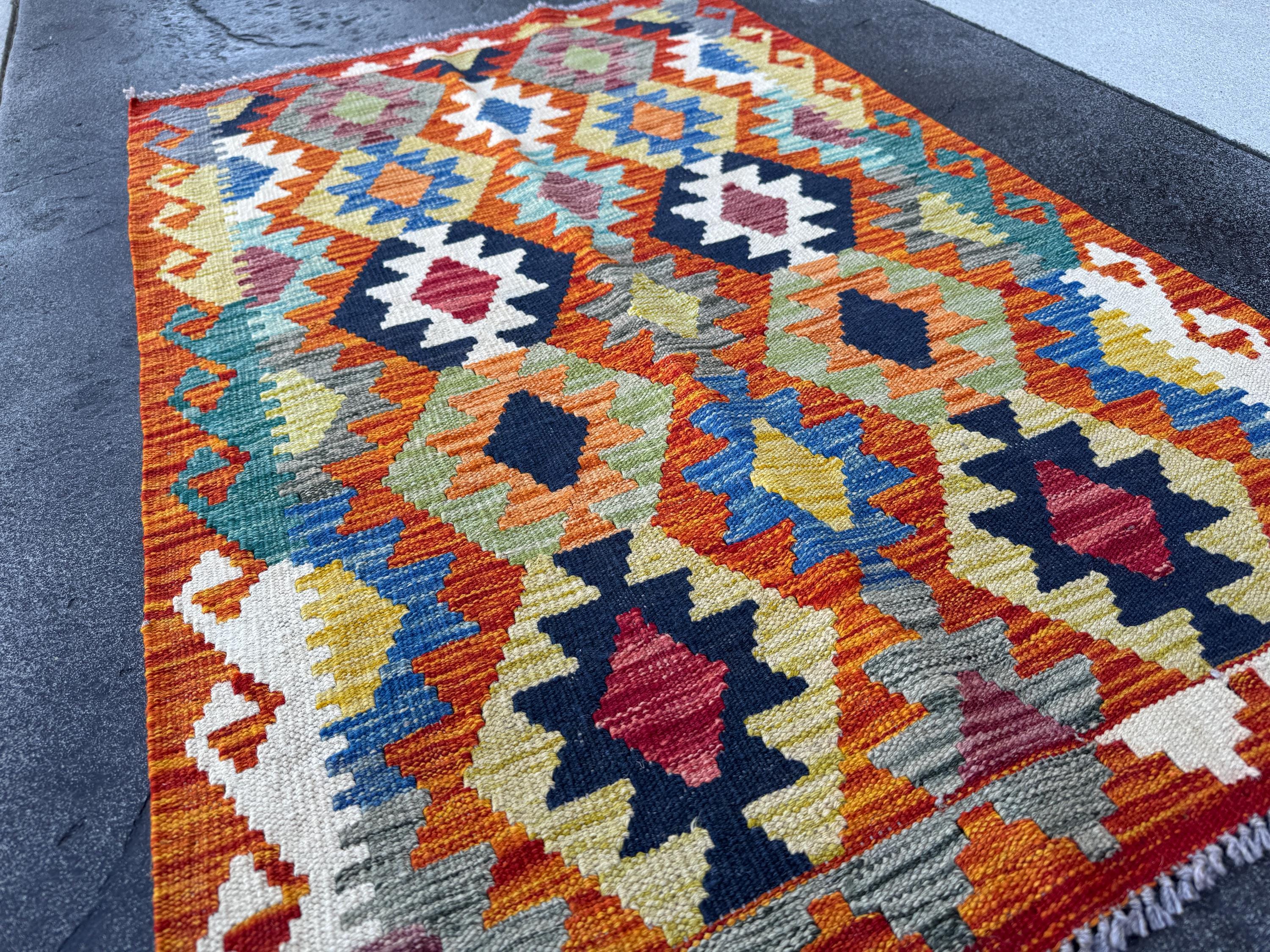 3x4 Handmade Afghan Kilim Rug | Rust Red Navy Cream White Mustard Yellow Olive Green Teal Aqua Blue Grey Charcoal Burgundy | Wool Flatwoven
