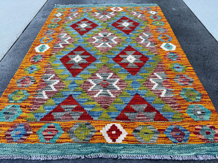 3x4 Handmade Afghan Kilim Rug | Burnt Orange Rust Red Cream White Mustard Yellow Olive Green Teal Aqua Blue Navy Grey | Wool Flatwoven