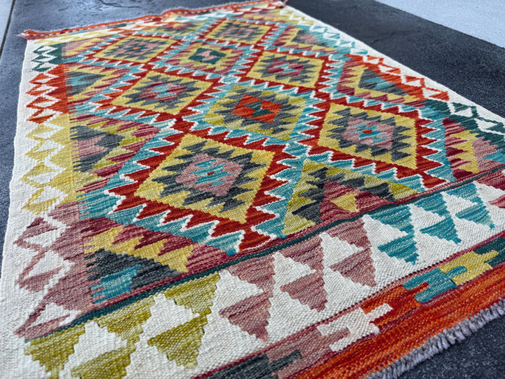 3x4 Handmade Afghan Kilim Rug | Rust Red Mustard Yellow Teal Aqua Blue Olive Green Cream White Burnt Orange Navy Purple Grey | Flatwoven