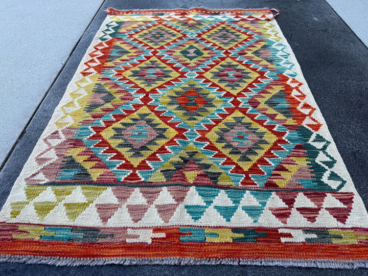 3x4 Handmade Afghan Kilim Rug | Rust Red Mustard Yellow Teal Aqua Blue Olive Green Cream White Burnt Orange Navy Purple Grey | Flatwoven