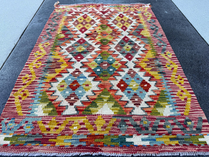 3x4 Handmade Afghan Kilim Rug | Rust Red Mustard Yellow Burnt Orange Olive Green Teal Aqua Blue Cream White Navy Grey Purple | Flatwoven
