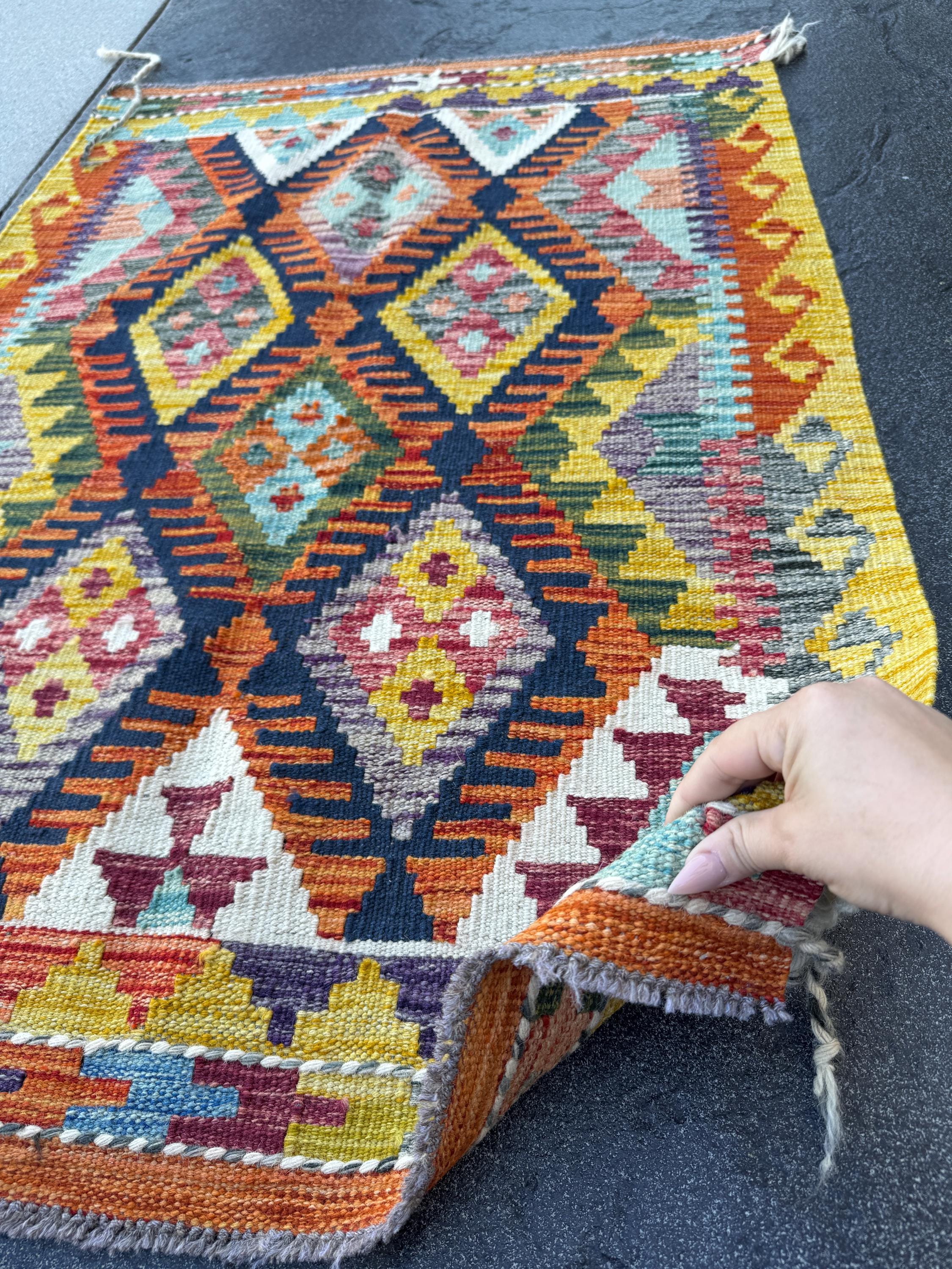 3x4 Handmade Afghan Kilim Rug | Navy Blue Burnt Orange Mustard Yellow Cream White Burgundy Olive Green Teal Aqua Purple Grey | Flatwoven