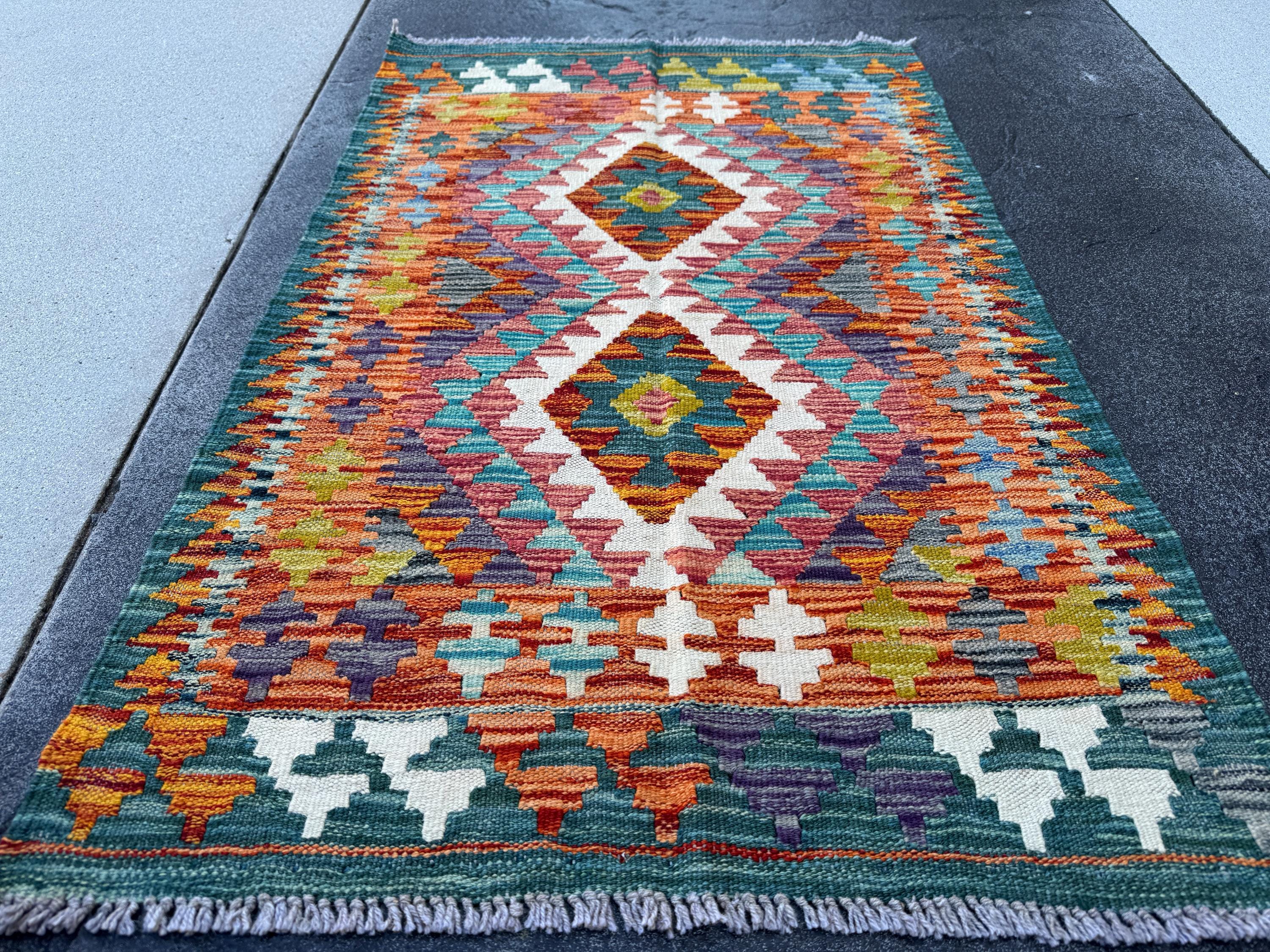 3x4 Handmade Afghan Kilim Rug | Burnt Orange Rust Red Cream White Mustard Yellow Olive Green Teal Aqua Blue Navy Purple Grey | Flatwoven