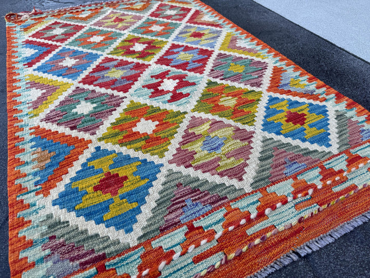 3x4 Handmade Afghan Kilim Rug | Rust Red Burnt Orange Cream White Mustard Yellow Olive Green Teal Aqua Blue Navy Purple Grey | Flatwoven
