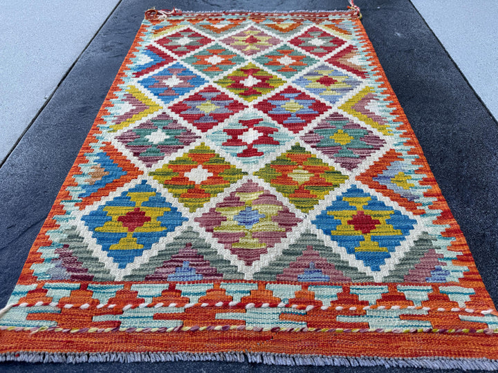 3x4 Handmade Afghan Kilim Rug | Rust Red Burnt Orange Cream White Mustard Yellow Olive Green Teal Aqua Blue Navy Purple Grey | Flatwoven