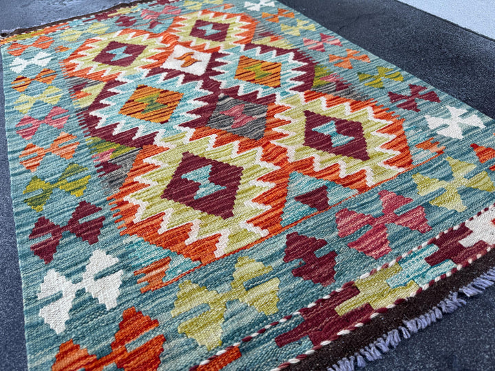 3x4 Handmade Afghan Kilim Rug | Teal Blue Rust Red Burnt Orange Mustard Yellow Olive Green Cream White Burgundy Purple Grey | Wool Flatwoven