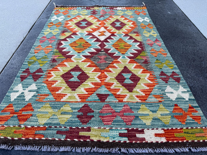 3x4 Handmade Afghan Kilim Rug | Teal Blue Rust Red Burnt Orange Mustard Yellow Olive Green Cream White Burgundy Purple Grey | Wool Flatwoven
