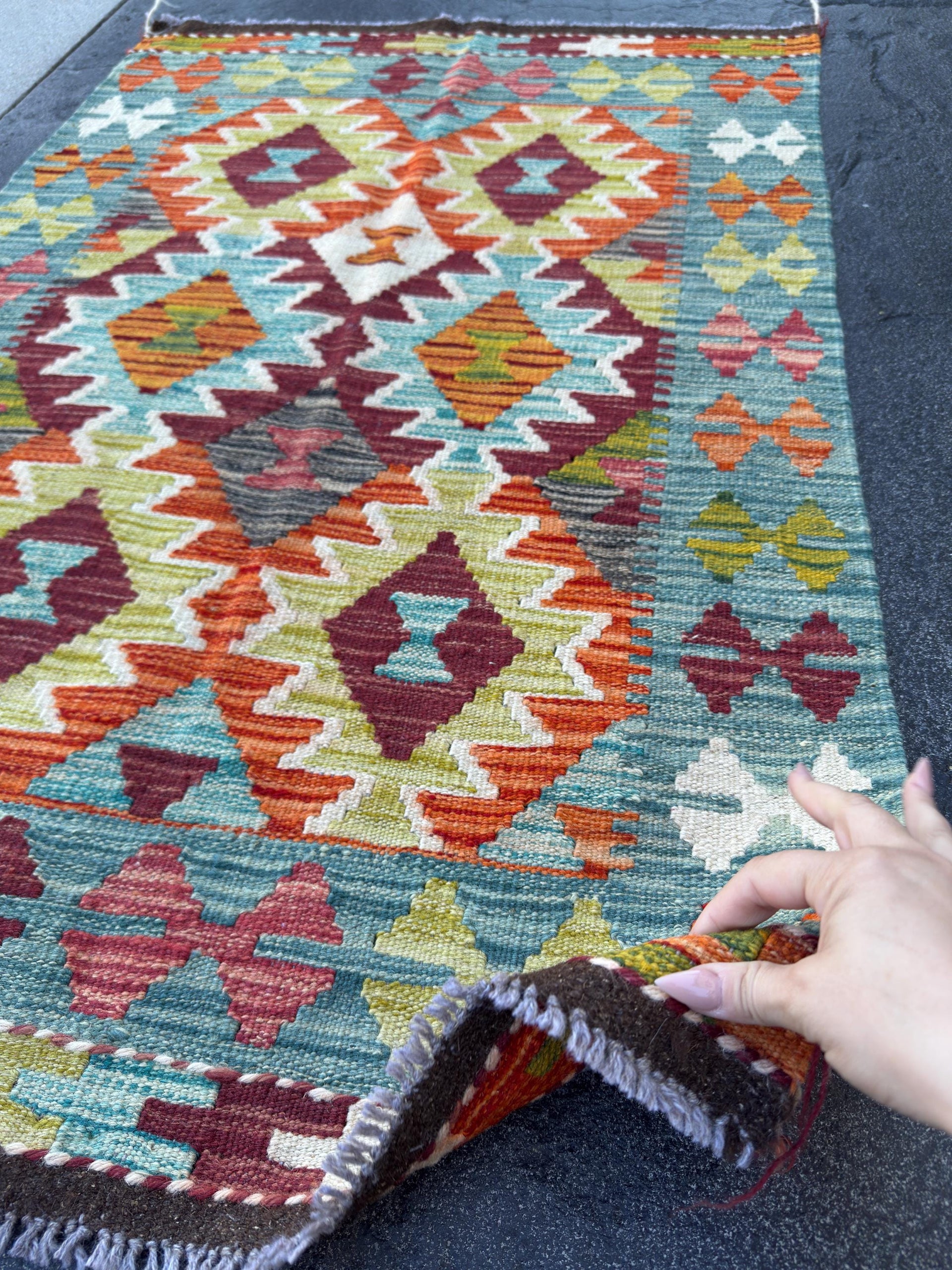 3x4 Handmade Afghan Kilim Rug | Teal Blue Rust Red Burnt Orange Mustard Yellow Olive Green Cream White Burgundy Purple Grey | Wool Flatwoven