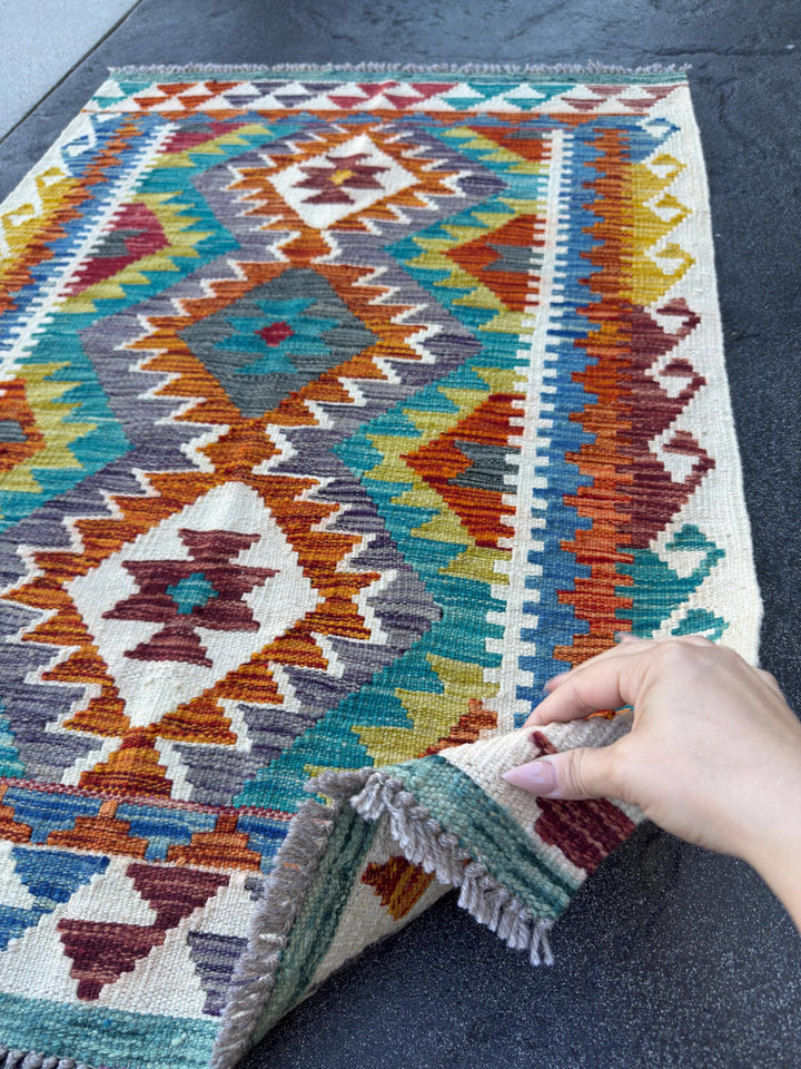 3x4 Handmade Afghan Kilim Rug | Teal Burnt Orange Mustard Yellow Cream White Rust Red Olive Green Aqua Blue Purple Grey | Wool Flatwoven