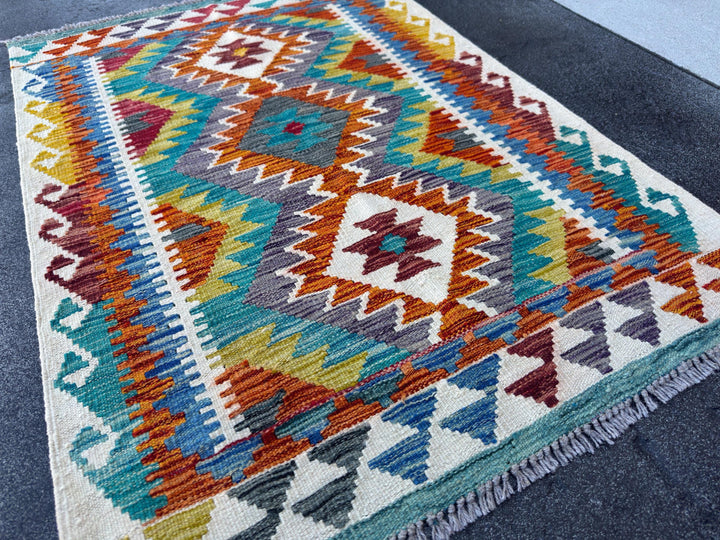 3x4 Handmade Afghan Kilim Rug | Teal Burnt Orange Mustard Yellow Cream White Rust Red Olive Green Aqua Blue Purple Grey | Wool Flatwoven