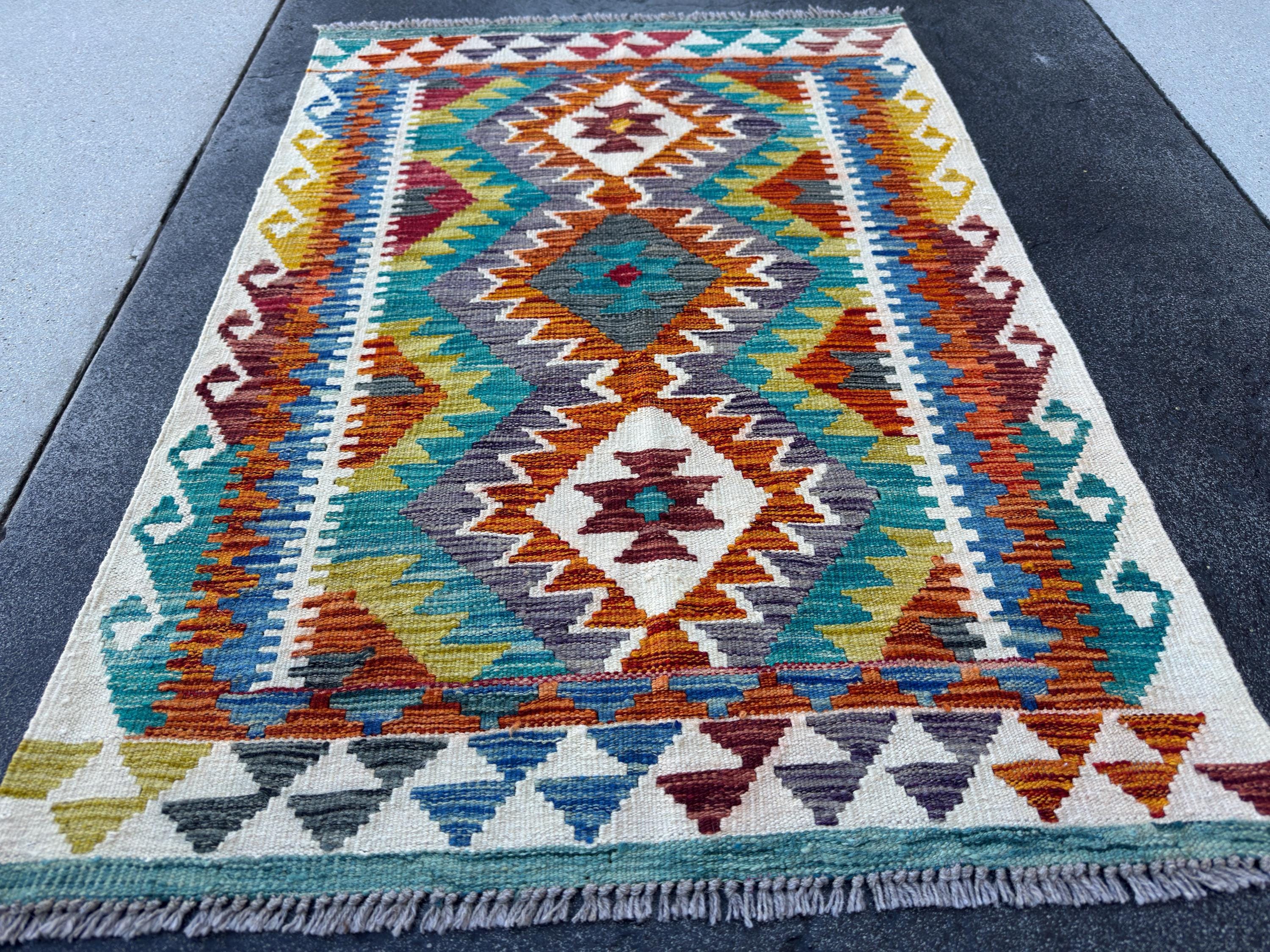 3x4 Handmade Afghan Kilim Rug | Teal Burnt Orange Mustard Yellow Cream White Rust Red Olive Green Aqua Blue Purple Grey | Wool Flatwoven