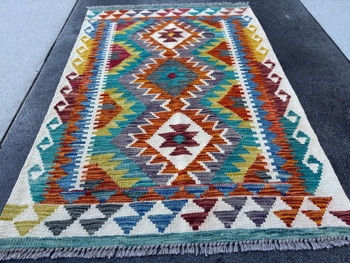 3x4 Handmade Afghan Kilim Rug | Teal Burnt Orange Mustard Yellow Cream White Rust Red Olive Green Aqua Blue Purple Grey | Wool Flatwoven