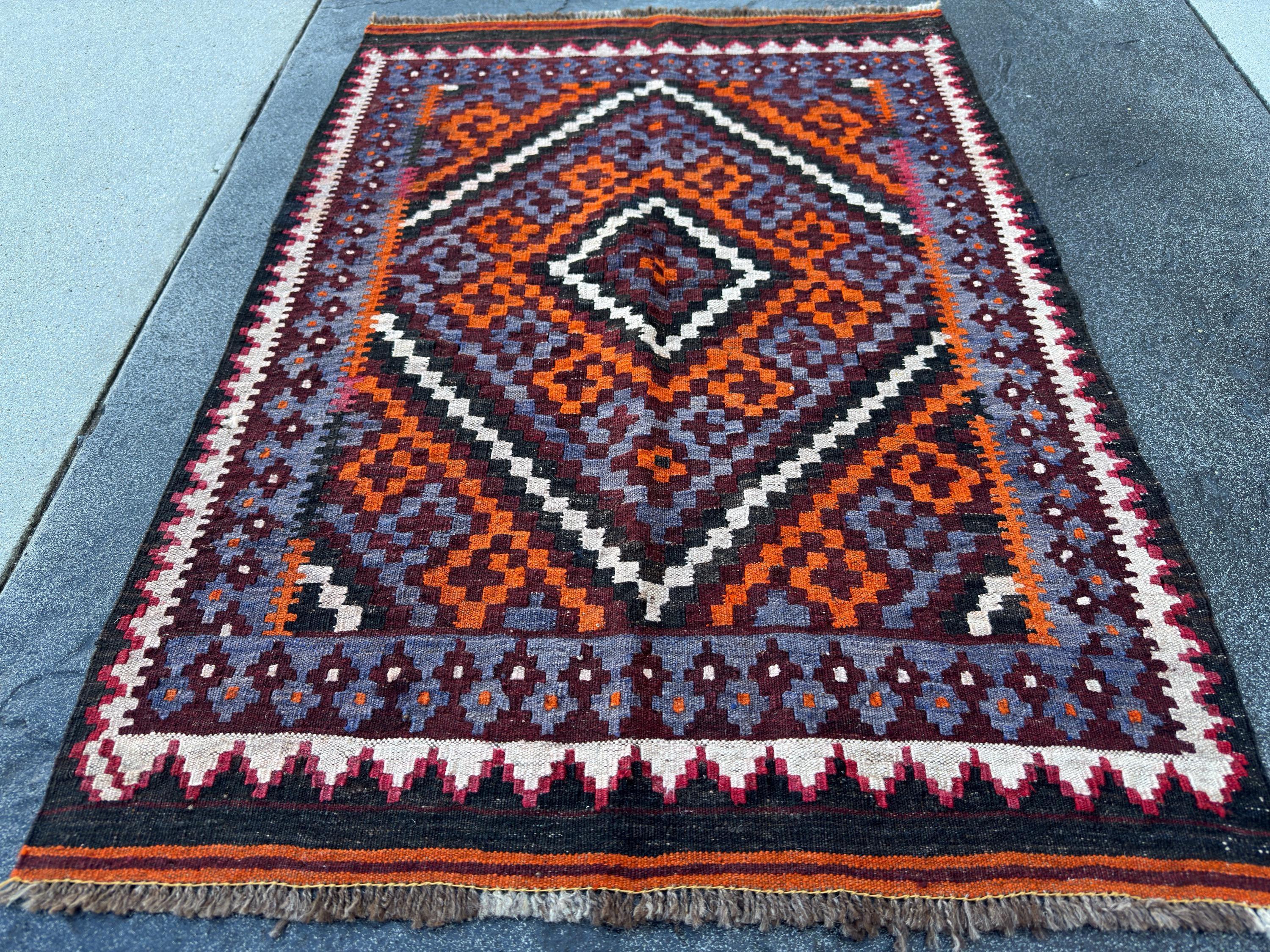 3x4 Handmade Afghan Kilim Rug | Burnt Orange Rust Red Burgundy Purple Blue Grey Black Cream White Pink | Wool Flatwoven