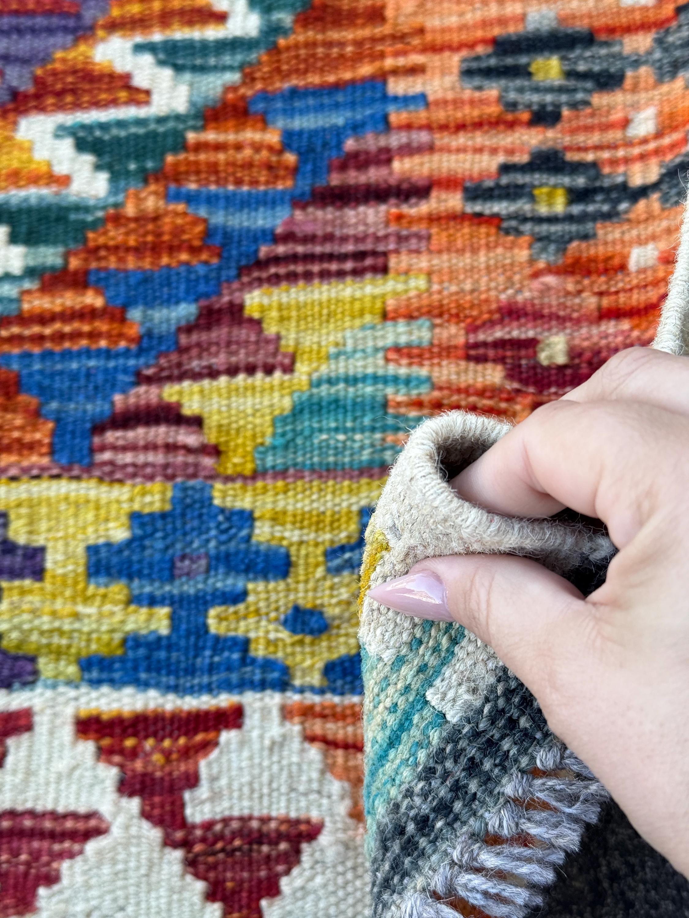 3x5 (91x152) Handmade Afghan Kilim Rug | Rust Red Burnt Orange Mustard Yellow Olive Green Teal Aqua Blue Navy Purple Cream White Grey | Wool