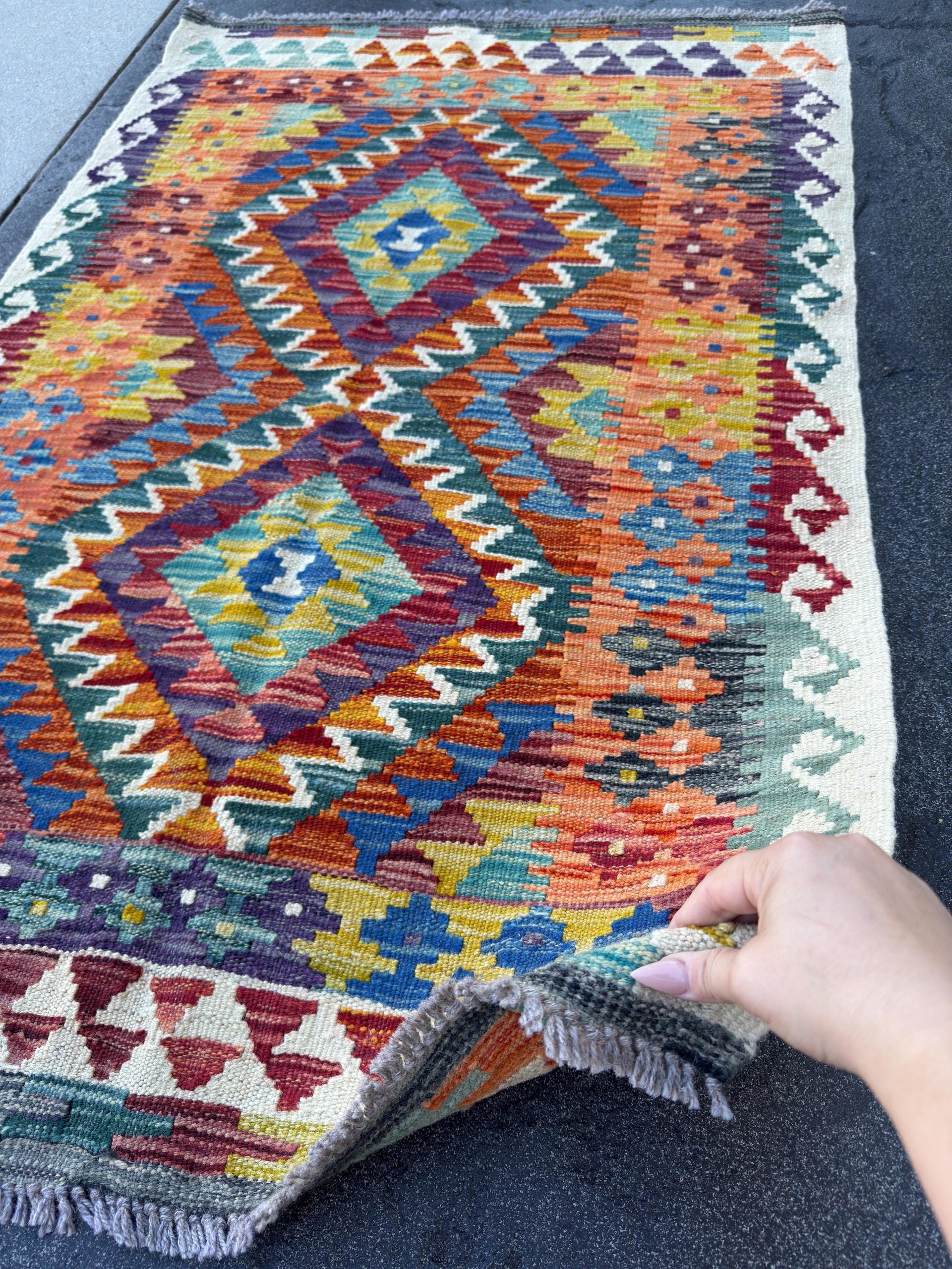 3x5 (91x152) Handmade Afghan Kilim Rug | Rust Red Burnt Orange Mustard Yellow Olive Green Teal Aqua Blue Navy Purple Cream White Grey | Wool