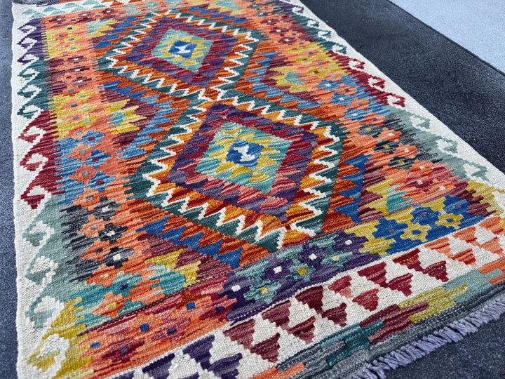3x5 (91x152) Handmade Afghan Kilim Rug | Rust Red Burnt Orange Mustard Yellow Olive Green Teal Aqua Blue Navy Purple Cream White Grey | Wool