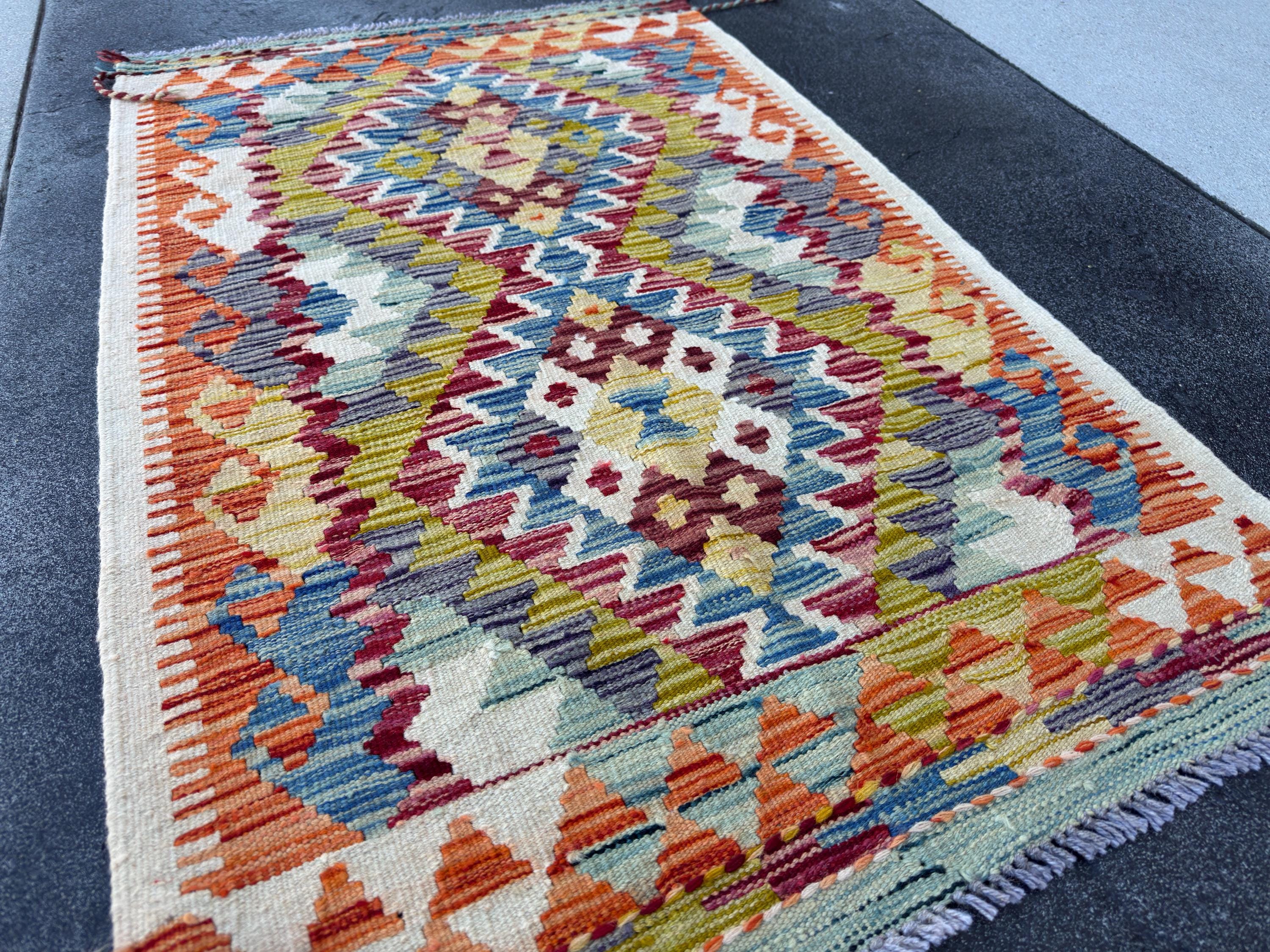 3x4 Handmade Afghan Kilim Rug | Rust Red Burnt Orange Mustard Yellow Olive Green Cream White Aqua Blue Teal Navy Purple Grey | Flatwoven