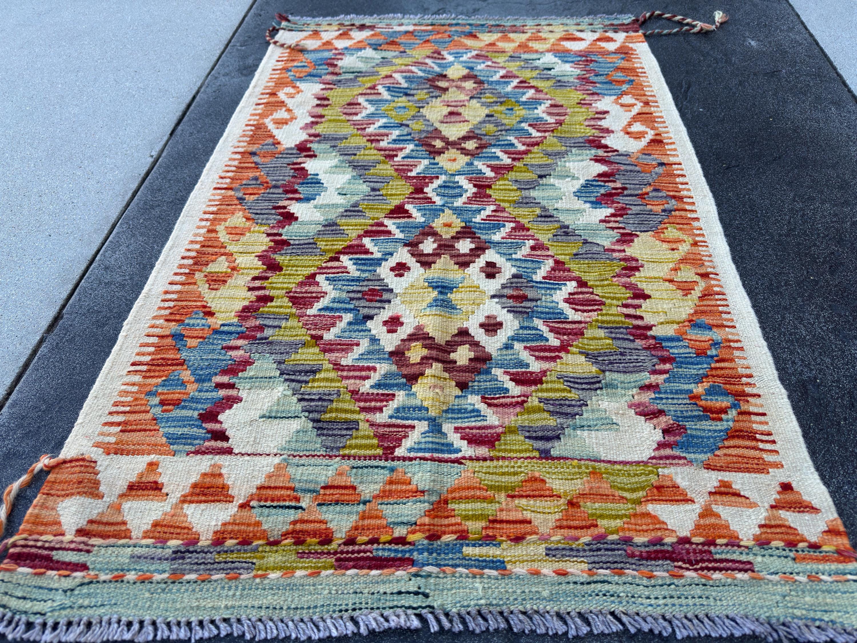 3x4 Handmade Afghan Kilim Rug | Rust Red Burnt Orange Mustard Yellow Olive Green Cream White Aqua Blue Teal Navy Purple Grey | Flatwoven