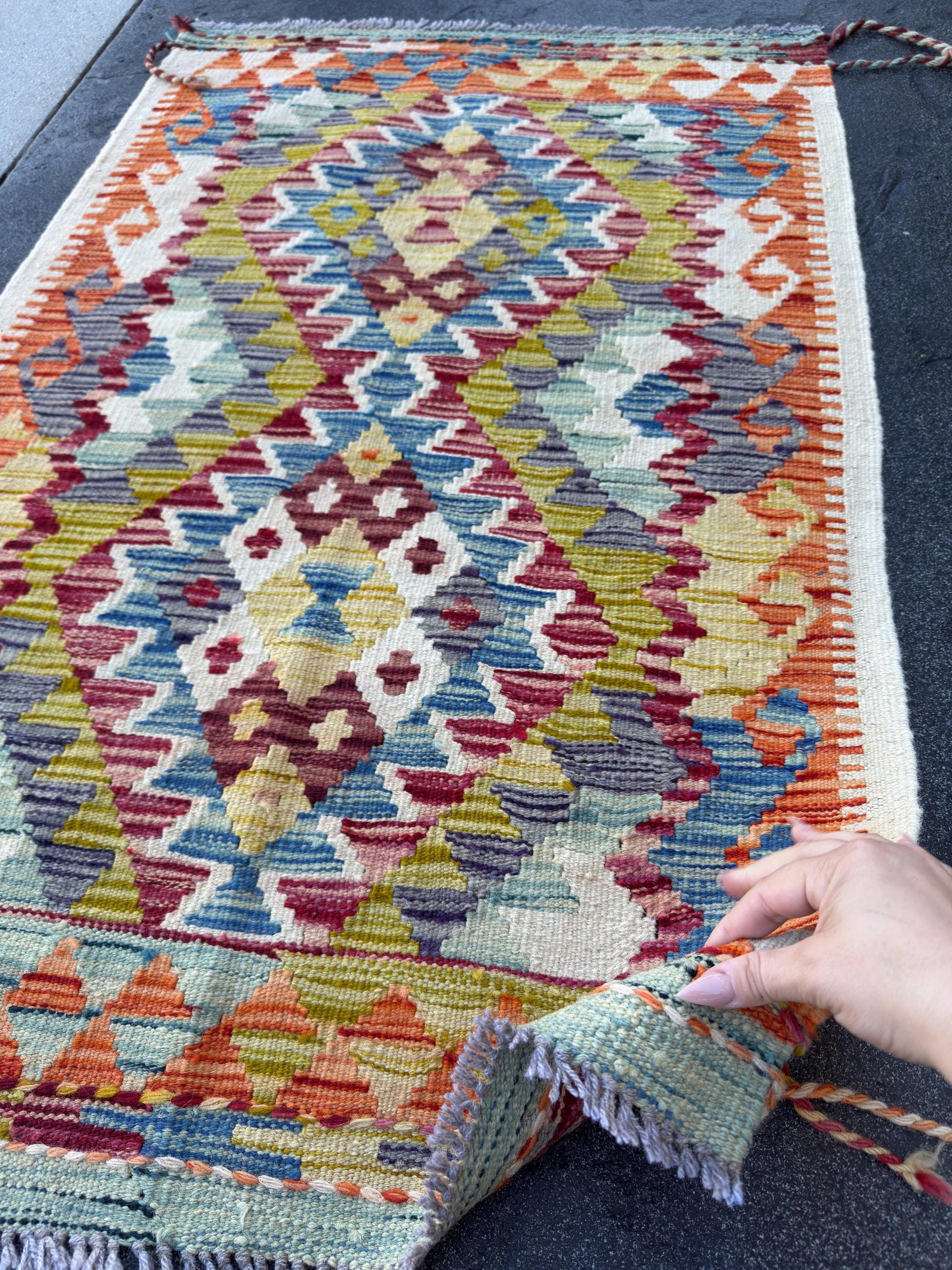 3x4 Handmade Afghan Kilim Rug | Rust Red Burnt Orange Mustard Yellow Olive Green Cream White Aqua Blue Teal Navy Purple Grey | Flatwoven