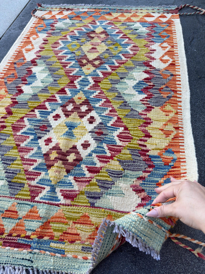 3x4 Handmade Afghan Kilim Rug | Rust Red Burnt Orange Mustard Yellow Olive Green Cream White Aqua Blue Teal Navy Purple Grey | Flatwoven