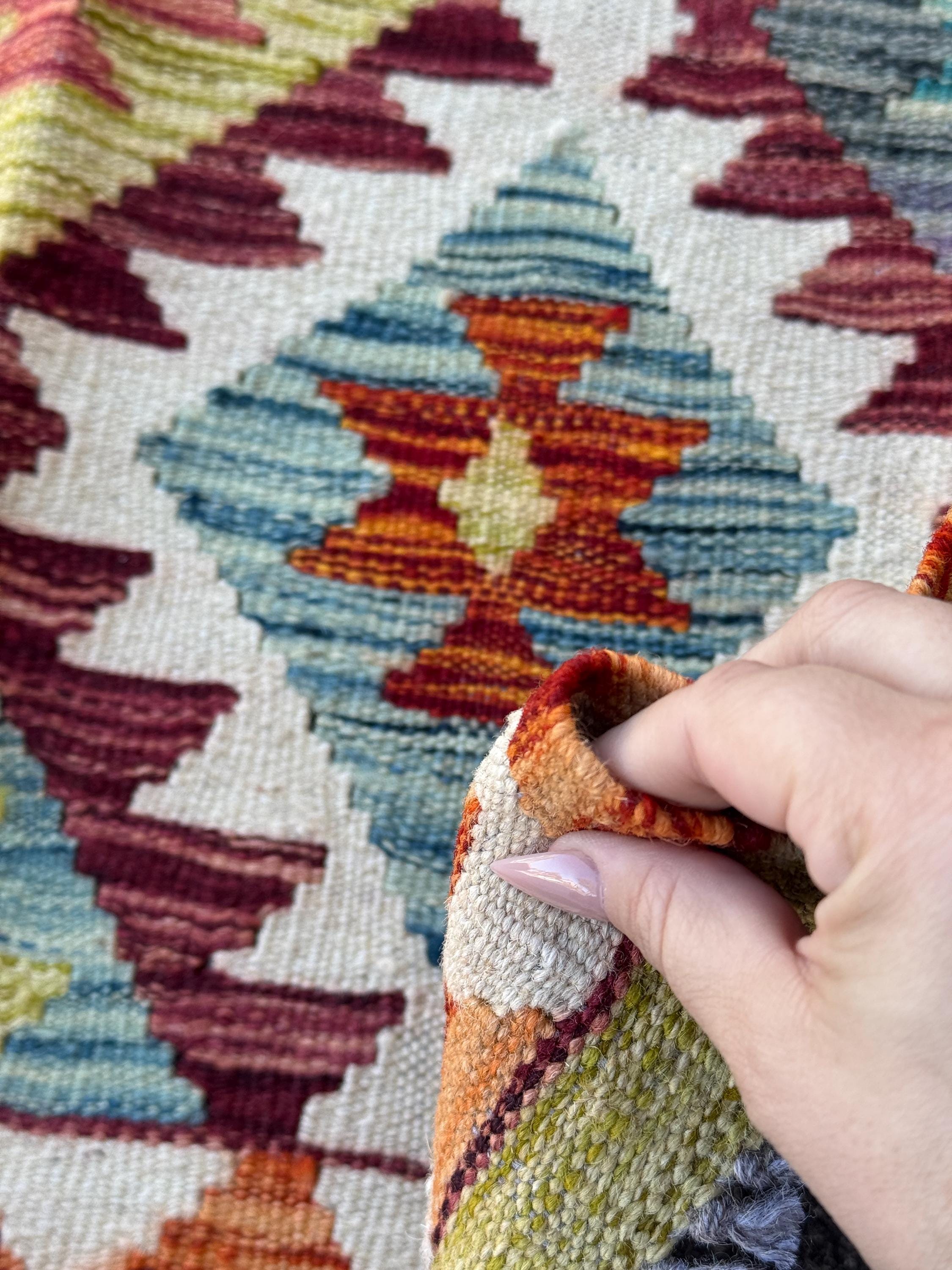 3x4 Handmade Afghan Kilim Rug | Burgundy Rust Red Burnt Orange Cream White Mustard Yellow Teal Aqua Blue Olive Green Grey Purple | Wool