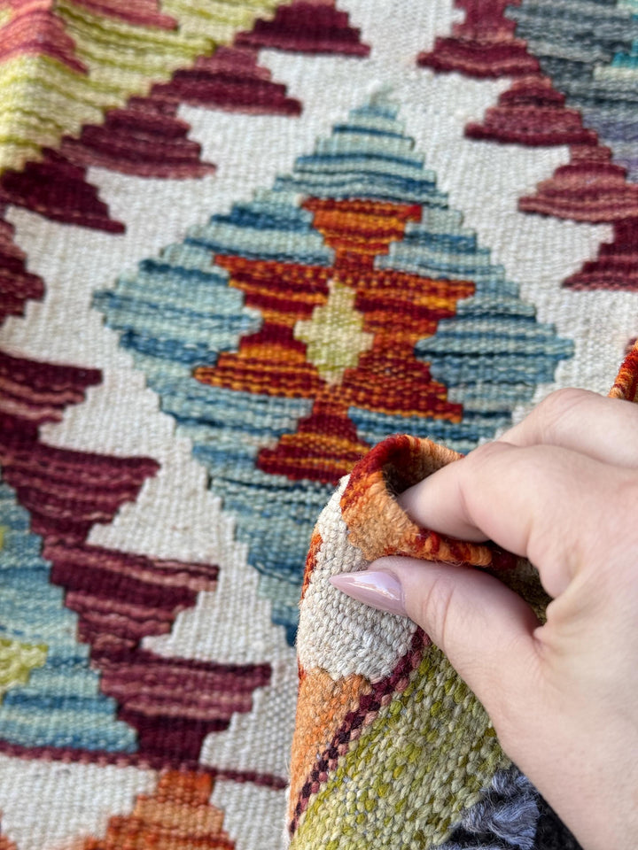3x4 Handmade Afghan Kilim Rug | Burgundy Rust Red Burnt Orange Cream White Mustard Yellow Teal Aqua Blue Olive Green Grey Purple | Wool