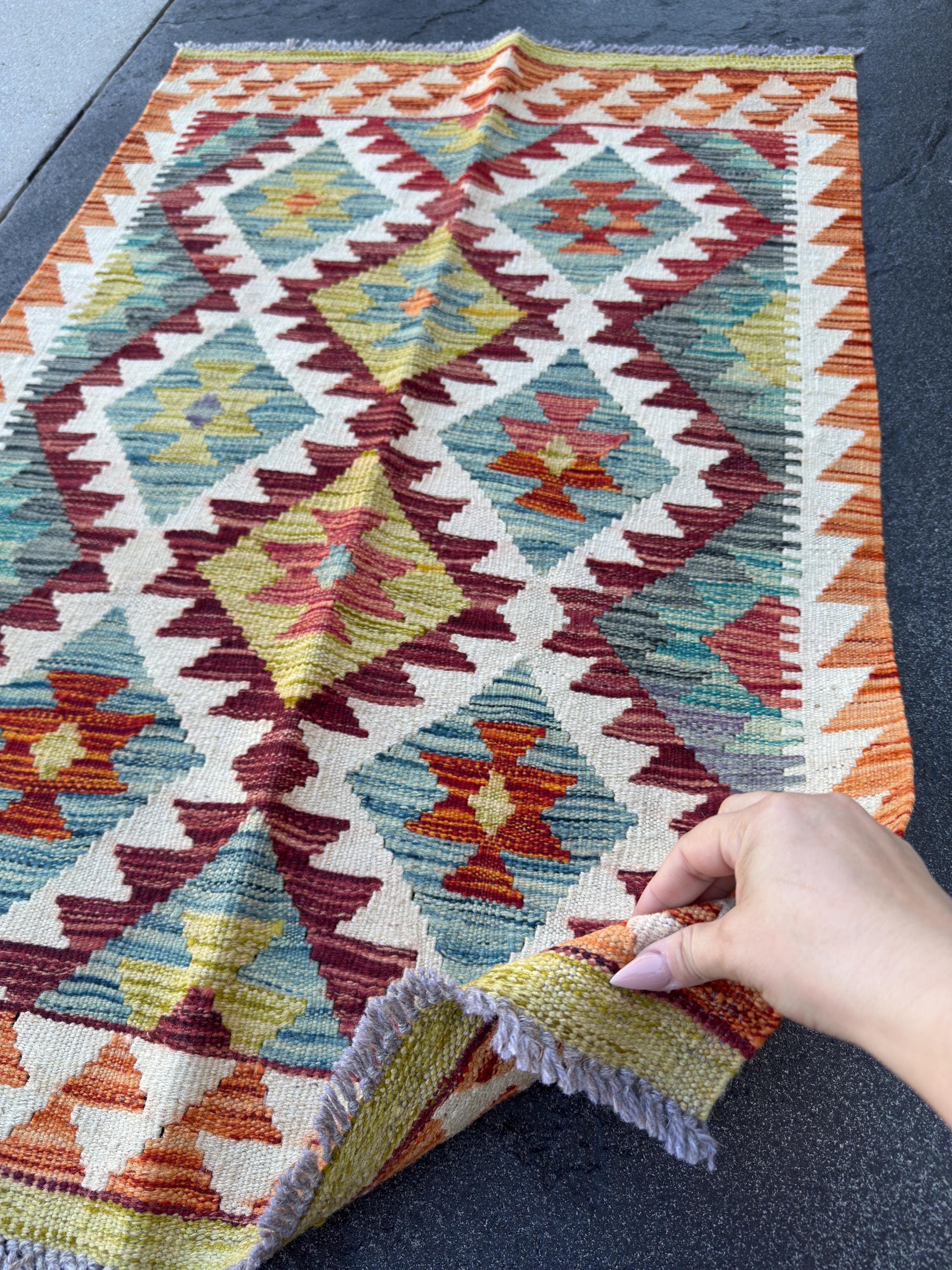 3x4 Handmade Afghan Kilim Rug | Burgundy Rust Red Burnt Orange Cream White Mustard Yellow Teal Aqua Blue Olive Green Grey Purple | Wool