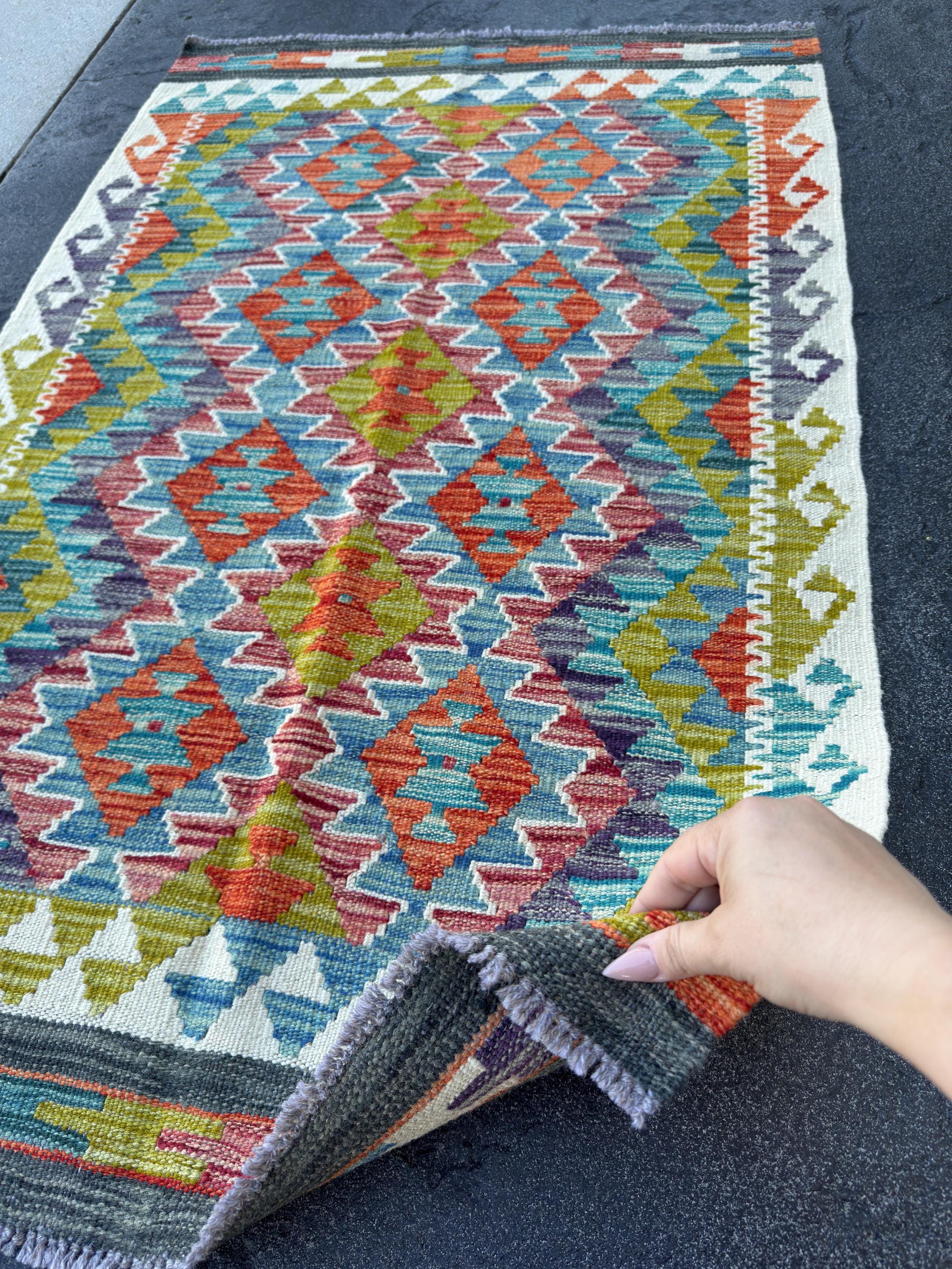 3x4 Handmade Afghan Kilim Rug | Rust Red Burnt Orange Mustard Yellow Olive Green Teal Aqua Blue Navy Purple Cream White Grey | Flatwoven