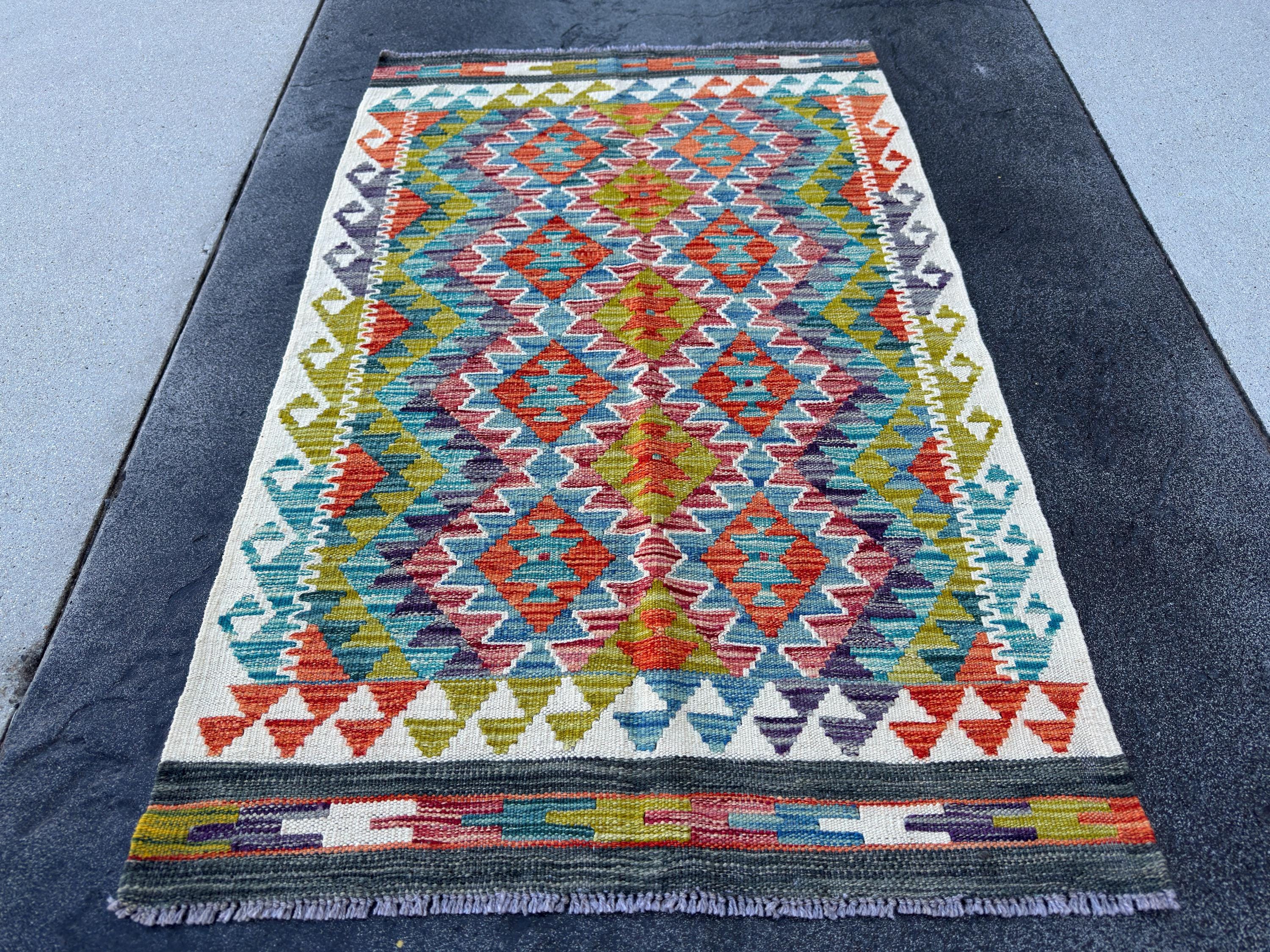 3x4 Handmade Afghan Kilim Rug | Rust Red Burnt Orange Mustard Yellow Olive Green Teal Aqua Blue Navy Purple Cream White Grey | Flatwoven