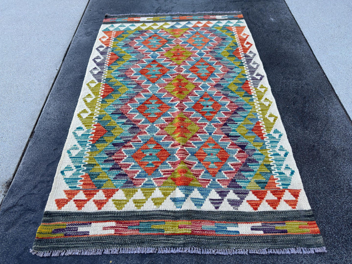 3x4 Handmade Afghan Kilim Rug | Rust Red Burnt Orange Mustard Yellow Olive Green Teal Aqua Blue Navy Purple Cream White Grey | Flatwoven