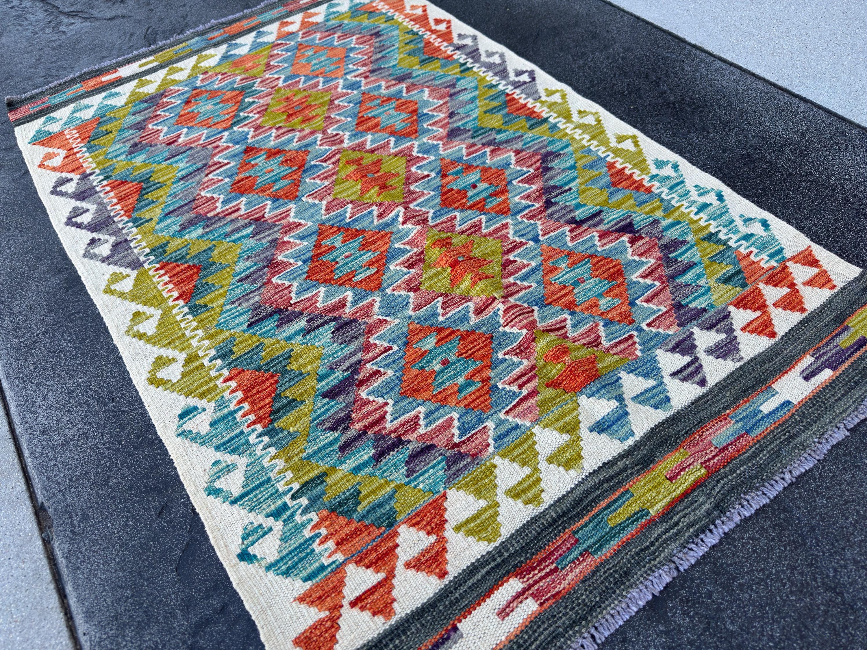3x4 Handmade Afghan Kilim Rug | Rust Red Burnt Orange Mustard Yellow Olive Green Teal Aqua Blue Navy Purple Cream White Grey | Flatwoven