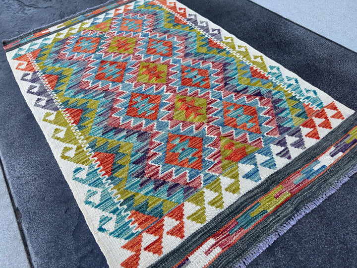 3x4 Handmade Afghan Kilim Rug | Rust Red Burnt Orange Mustard Yellow Olive Green Teal Aqua Blue Navy Purple Cream White Grey | Flatwoven
