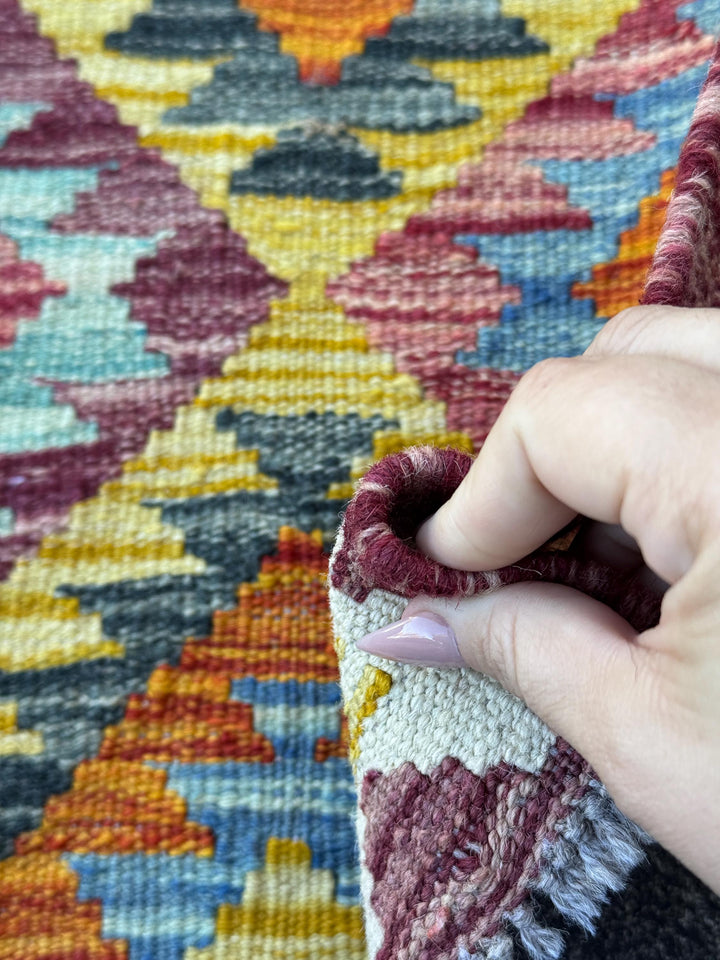2x5 Handmade Afghan Kilim Runner Rug | Mustard Yellow Rust Red Burnt Orange Cream White Olive Green Teal Aqua Blue Navy Purple Grey | Wool