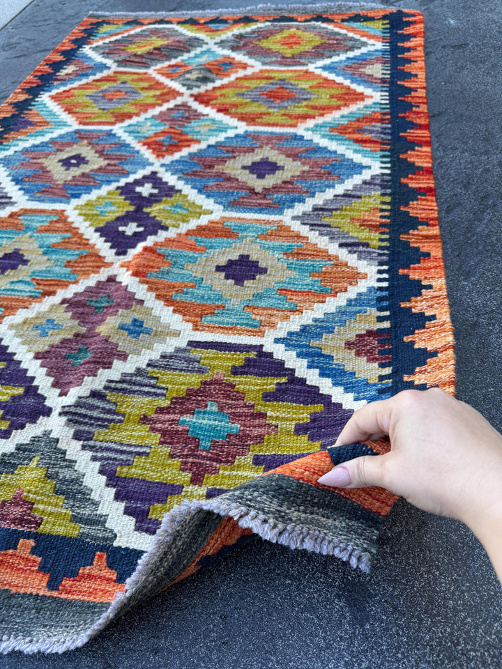 3x4 Handmade Afghan Kilim Rug | Navy Burnt Orange Rust Red Cream White Mustard Yellow Olive Green Teal Aqua Blue Purple Grey | Flatwoven