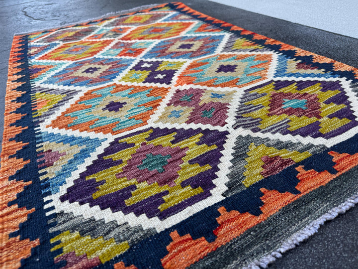 3x4 Handmade Afghan Kilim Rug | Navy Burnt Orange Rust Red Cream White Mustard Yellow Olive Green Teal Aqua Blue Purple Grey | Flatwoven