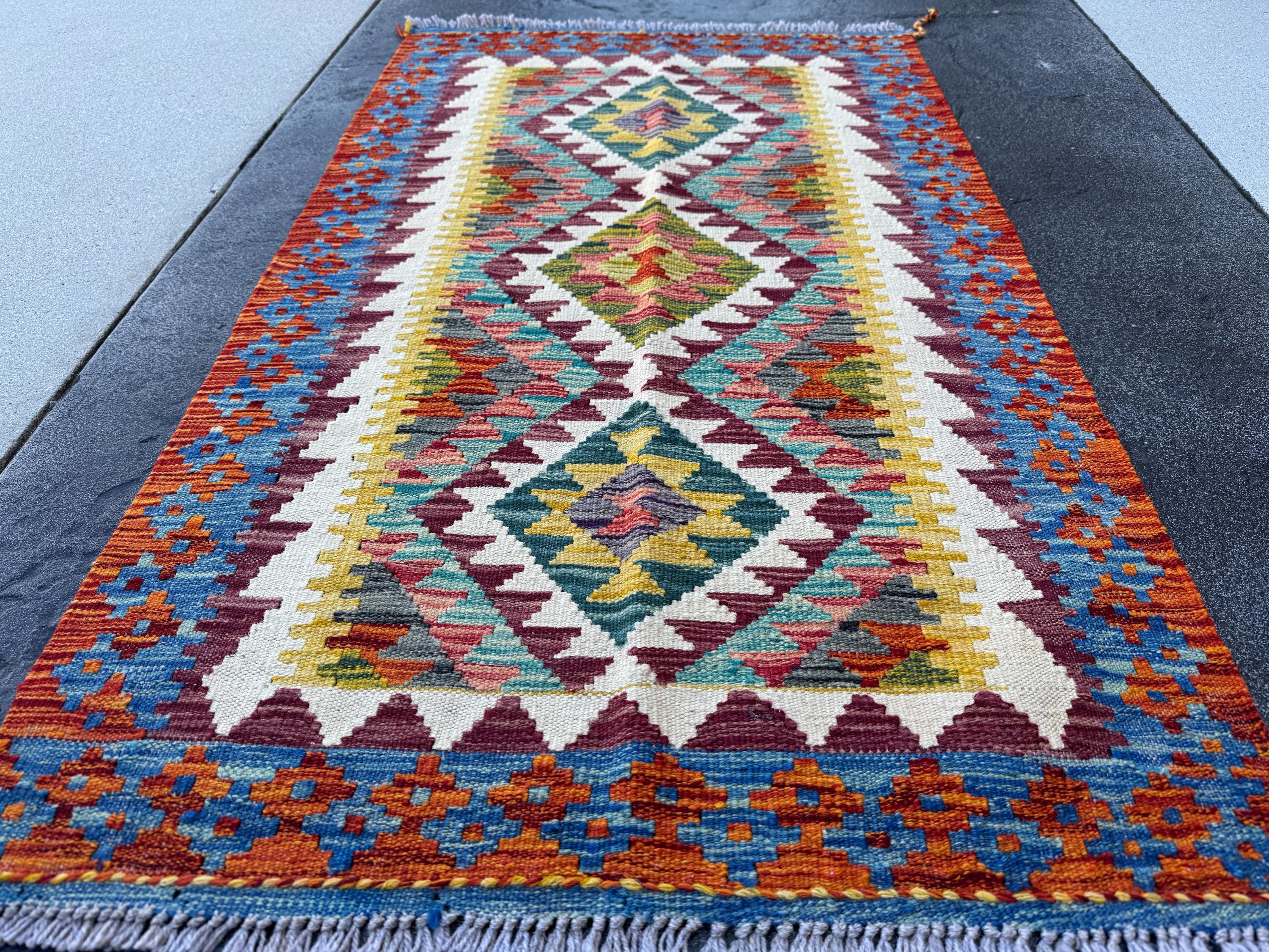3x5 (91x152) Handmade Afghan Kilim Rug | Rust Red Burnt Orange Cream White Mustard Yellow Olive Green Teal Aqua Blue Navy Purple Grey | Wool