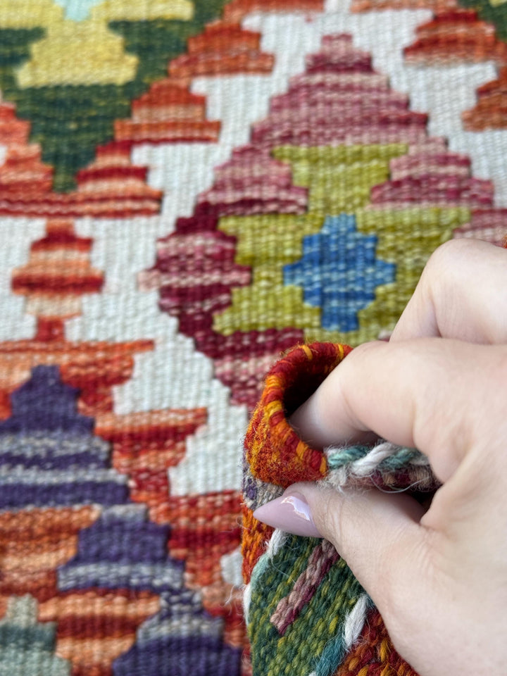 3x5 (91x152) Handmade Afghan Kilim Rug | Rust Red Burnt Orange Cream White Mustard Yellow Olive Green Teal Aqua Blue Navy Purple Grey | Wool