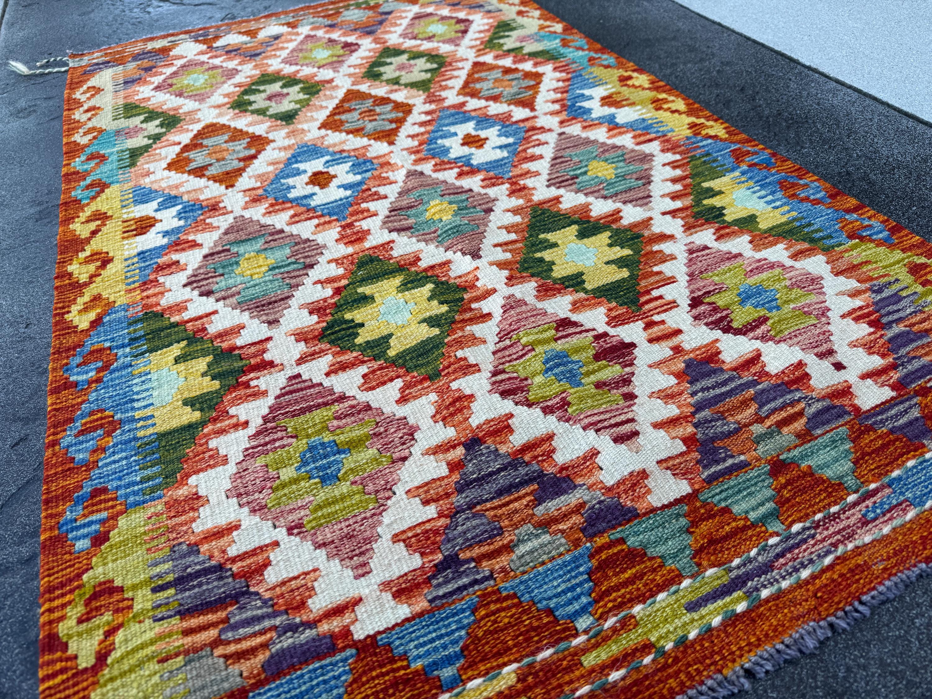 3x5 (91x152) Handmade Afghan Kilim Rug | Rust Red Burnt Orange Cream White Mustard Yellow Olive Green Teal Aqua Blue Navy Purple Grey | Wool