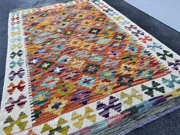 3x4 Handmade Afghan Kilim Rug | Burnt Orange Rust Red Cream White Mustard Yellow Olive Green Teal Aqua Blue Navy Purple Grey | Flatwoven