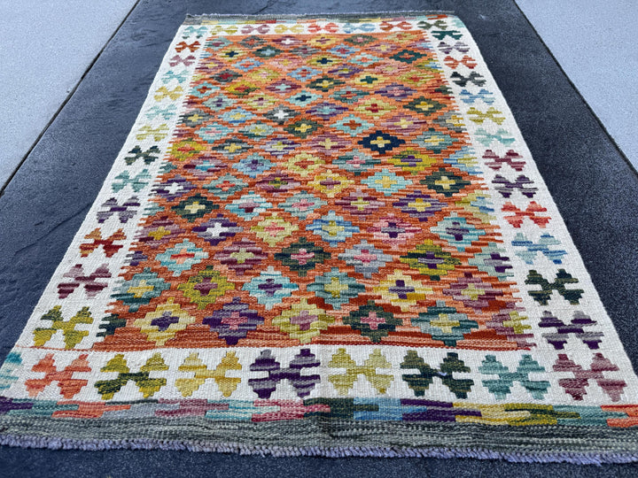 3x4 Handmade Afghan Kilim Rug | Burnt Orange Rust Red Cream White Mustard Yellow Olive Green Teal Aqua Blue Navy Purple Grey | Flatwoven