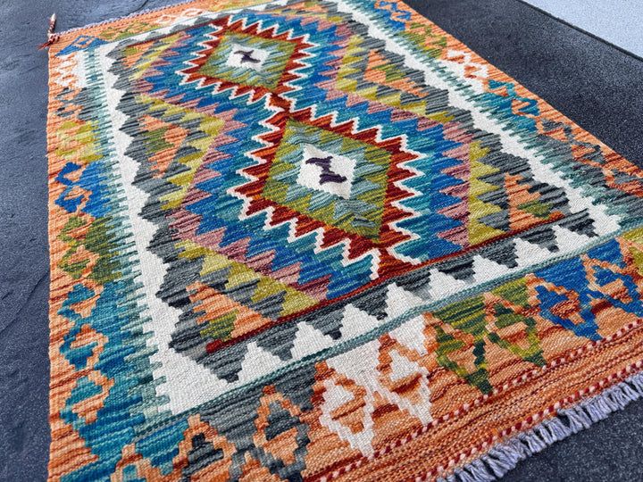 3x4 Handmade Afghan Kilim Rug | Rust Orange Cream White Mustard Yellow Olive Green Teal Aqua Blue Navy Red Purple Grey | Wool Flatwoven