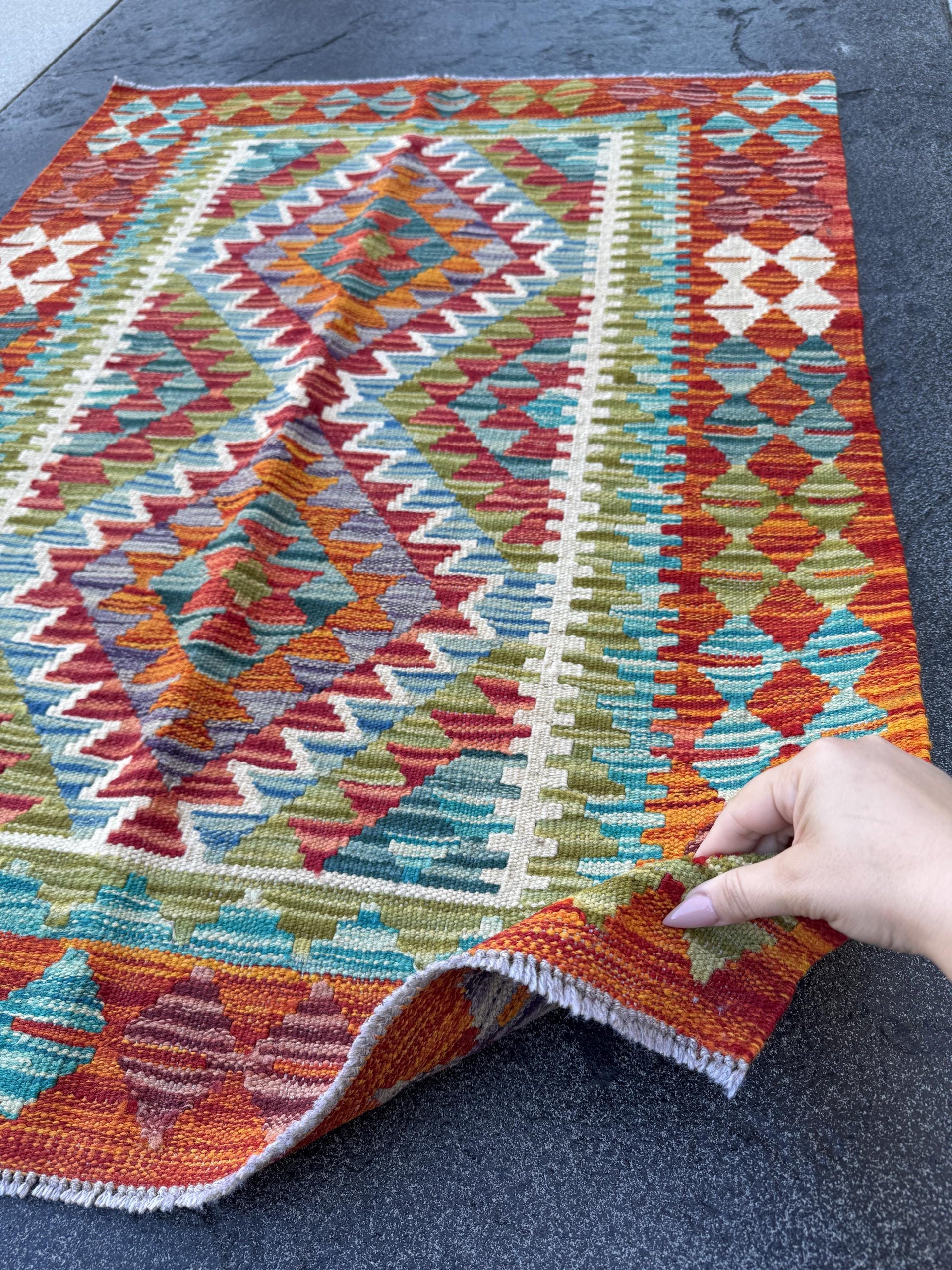 3x4 Handmade Afghan Kilim Rug | Rust Red Burnt Orange Mustard Yellow Olive Green Teal Aqua Blue Cream White Grey Purple | Wool Flatwoven